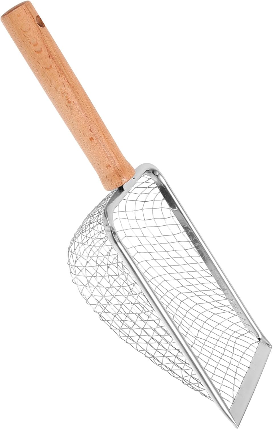 Healifty Stainless Steel Cat Litter Scoop with Wood Handle Metal Sifting Shovel 5x5mm Mesh for Cat Litter Box Cleaning Poop Scooper and Small Pets