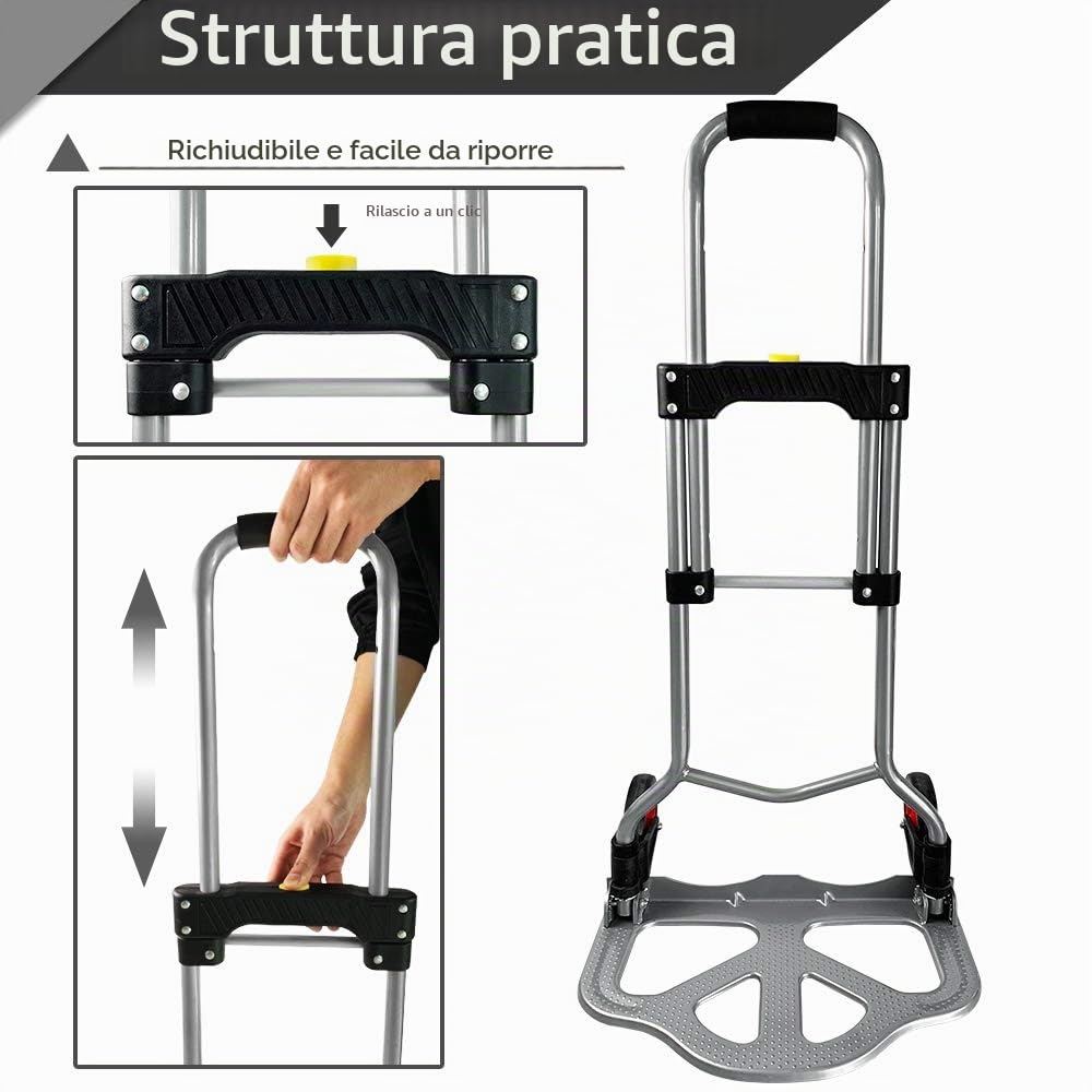 Carrello per sacchi in alluminio pieghevole, carrello da trasporto pieghevole, carrello manuale, trolley per bagagli con superficie antiscivolo, manico allungabile, capacità di carico fino a