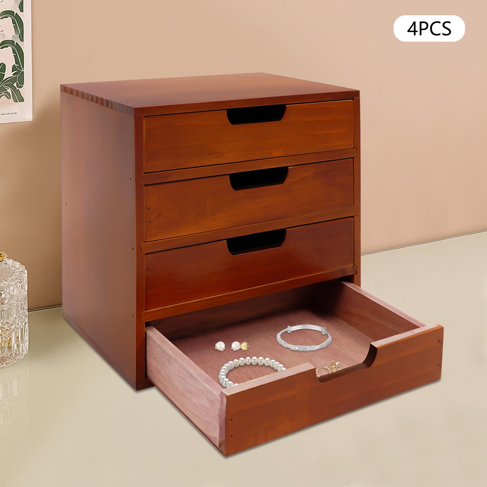 4 Pcs Drawer Cabinet Set, Wooden Storage Box Rustic Desktop Organizer, Mahogany Wood Stackable Units, Small Craft Storage Containers Apothecary Cabinet and Chest Jewelry Holder for Women