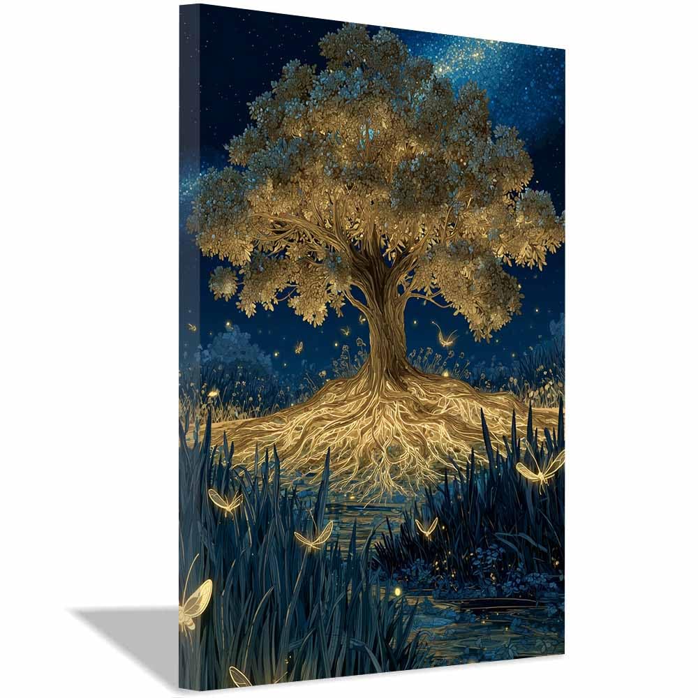 HOQIU Wall Pictures Magical Butterflyss night tree tree poster, landscape wall art, for Living Room Bedroom Bathroom.(Multicolor)-70x100cm Framed