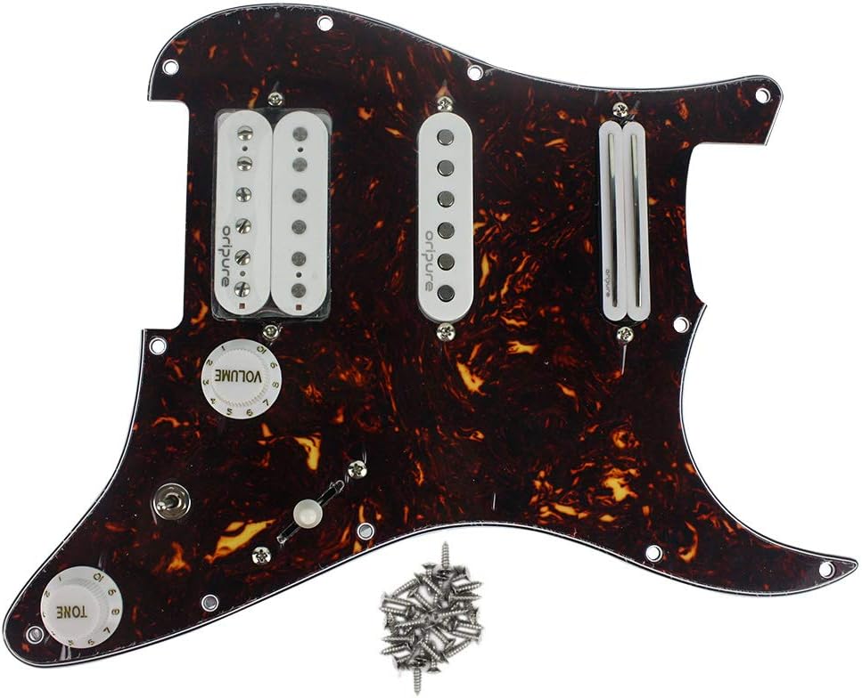 OriPure Prewired Strat Pickguard with Alnico 5 Pickup Humbucker Set HSS Strat Pickguard Fit Fender USA/Mexican Stratocaster Standard Modern Style, 4Ply Brown Tortoise Shell