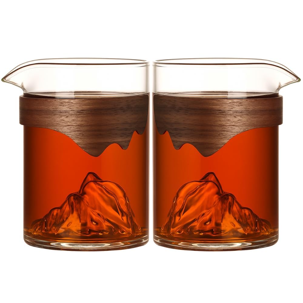 Ash & Roh® 350 ml Mountain Design Glass, Heat-Resistant with Removable Wooden Sleeve, Durable Clear Drinkware for Hot & Cold Beverages, Perfect for Barista & Home Use (Pack of 2)