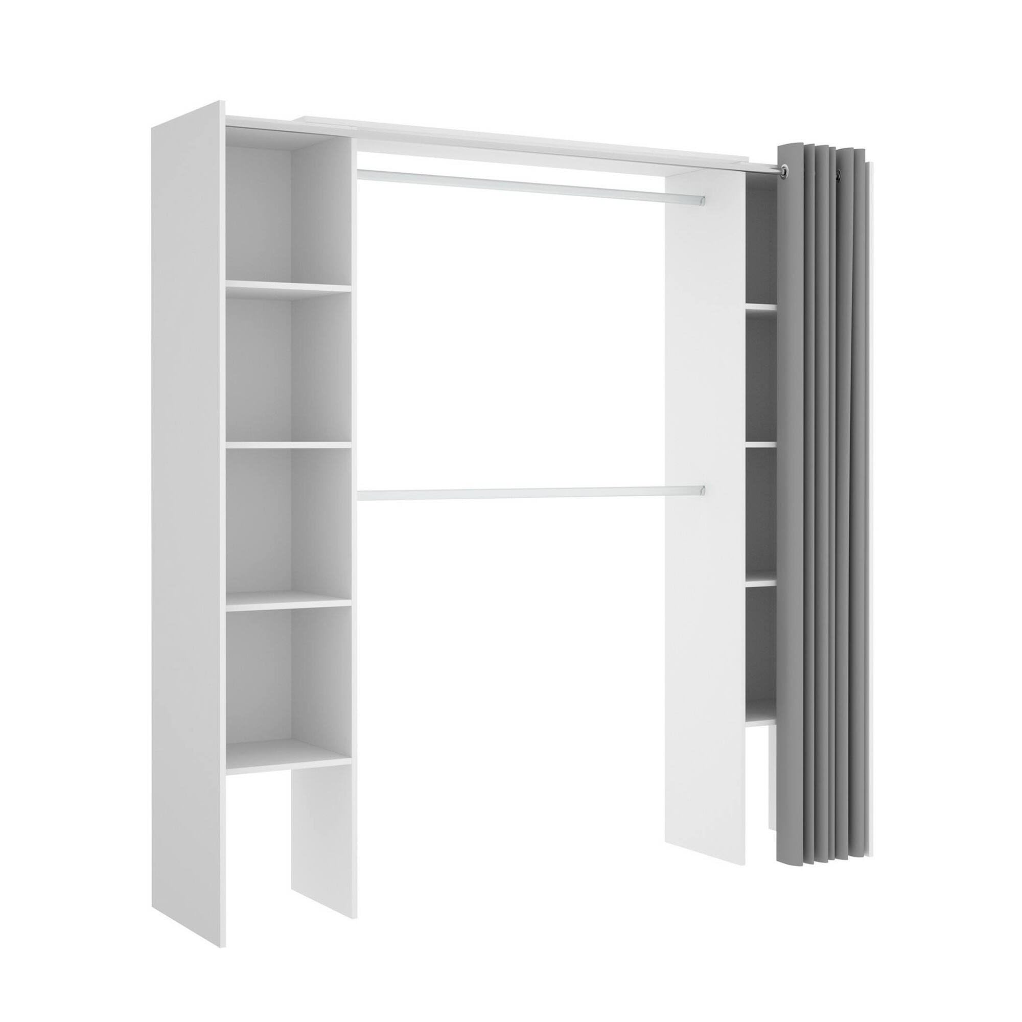 Dmora Guardaroba Grande Manaslu 50x205h cm Bianco 8 Ripiani Appendiabiti, Armadio Camera da Letto Apertura Tenda
