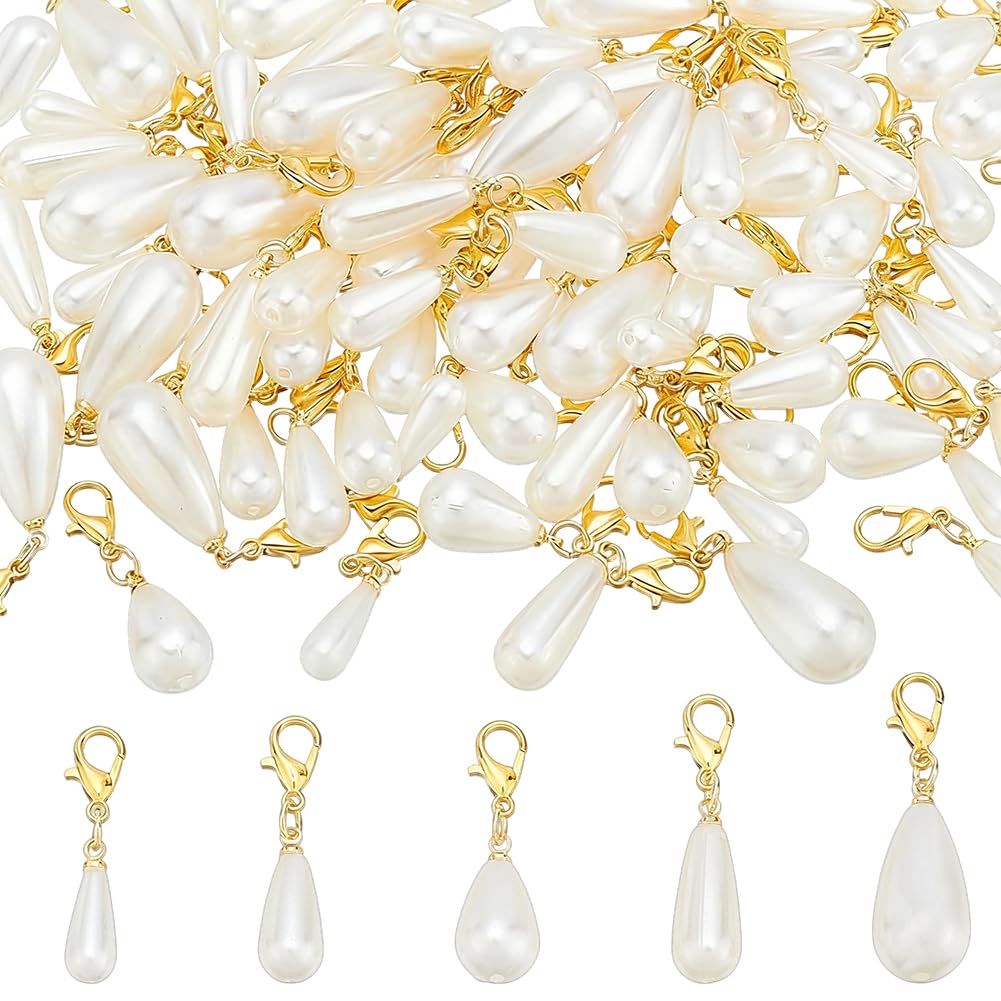 OLYCRAFT 80pz 5 stili Ciondoli per Perle 31mm~39mm Perle Artificiali Connettori per Ciondoli Perla Bianche Collegamenti Ciondolo con Moschettone In Lega per Creazione di Gioielli Bracciali e Collane