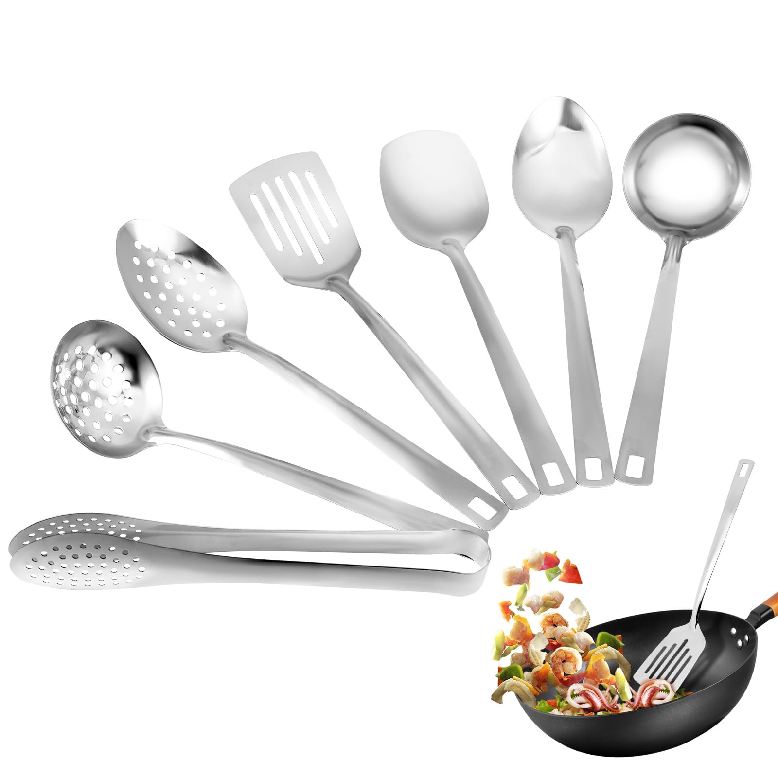 Kuanght Sliver 7Pcs Kitchen Utensils Set With Hanging Hole, Stainless Steel Cooking Utensil With Slotted And Solid Spatula, Skimmer Spoon, Serving Spoon, Food Tong, Slotted And Solid Spoons, Kitchen Accessories