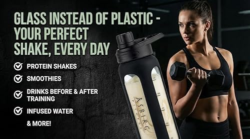 Miniatura 2 de 2.0  Botella mezcladora de proteínas de vidrio de 35 onzas, sin BPA, tapa a prueba de fugas, bola mezcladora de acero inoxidable y funda de