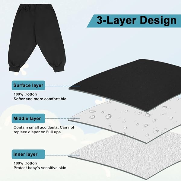 FLYISH DIRECT Potty Training Pants Lightweight, 100% Cotton Breathable Potty Training Trouser for Toddlers, Reusable Toilet Training Pants with Waterproof TPU for Boys and Girls, Black and Grey, M - 2