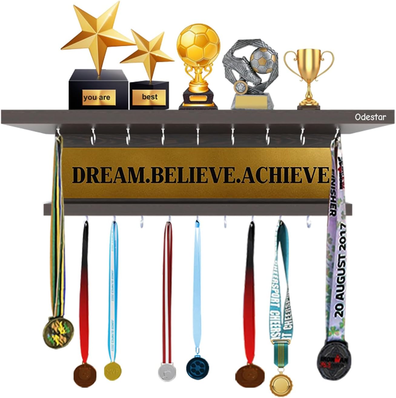 Odestar Engineering Wood Premier Award Medal Display Rack and Trophy Shelf- (Brown, Large)