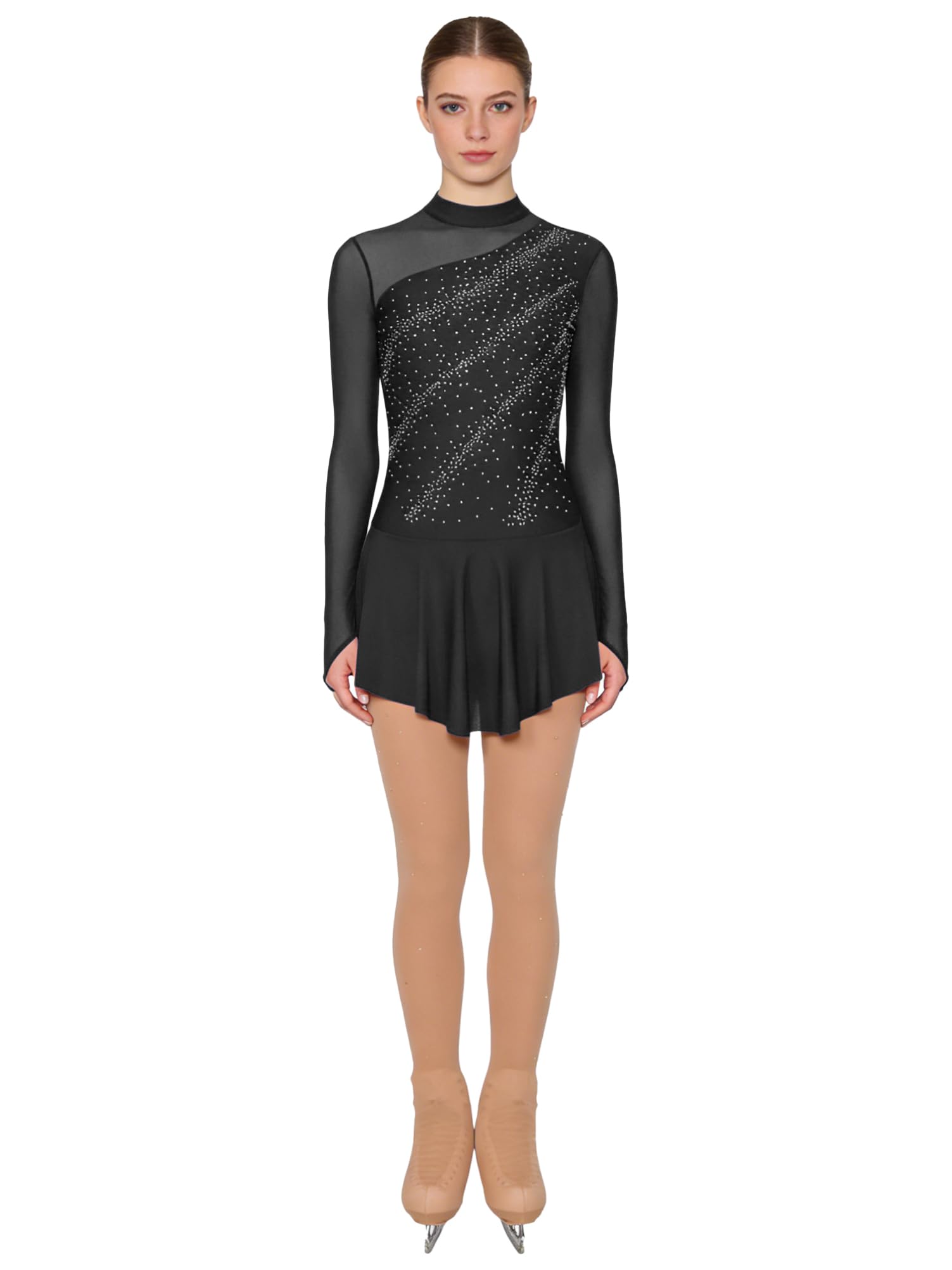 Alvivi Traje de Patinaje Artistico sobre Hielo Mujer Vestido de Baile Contemporáneo Brillante de Manga Larga con Pantimedias Medias de Bota de Patinaje
