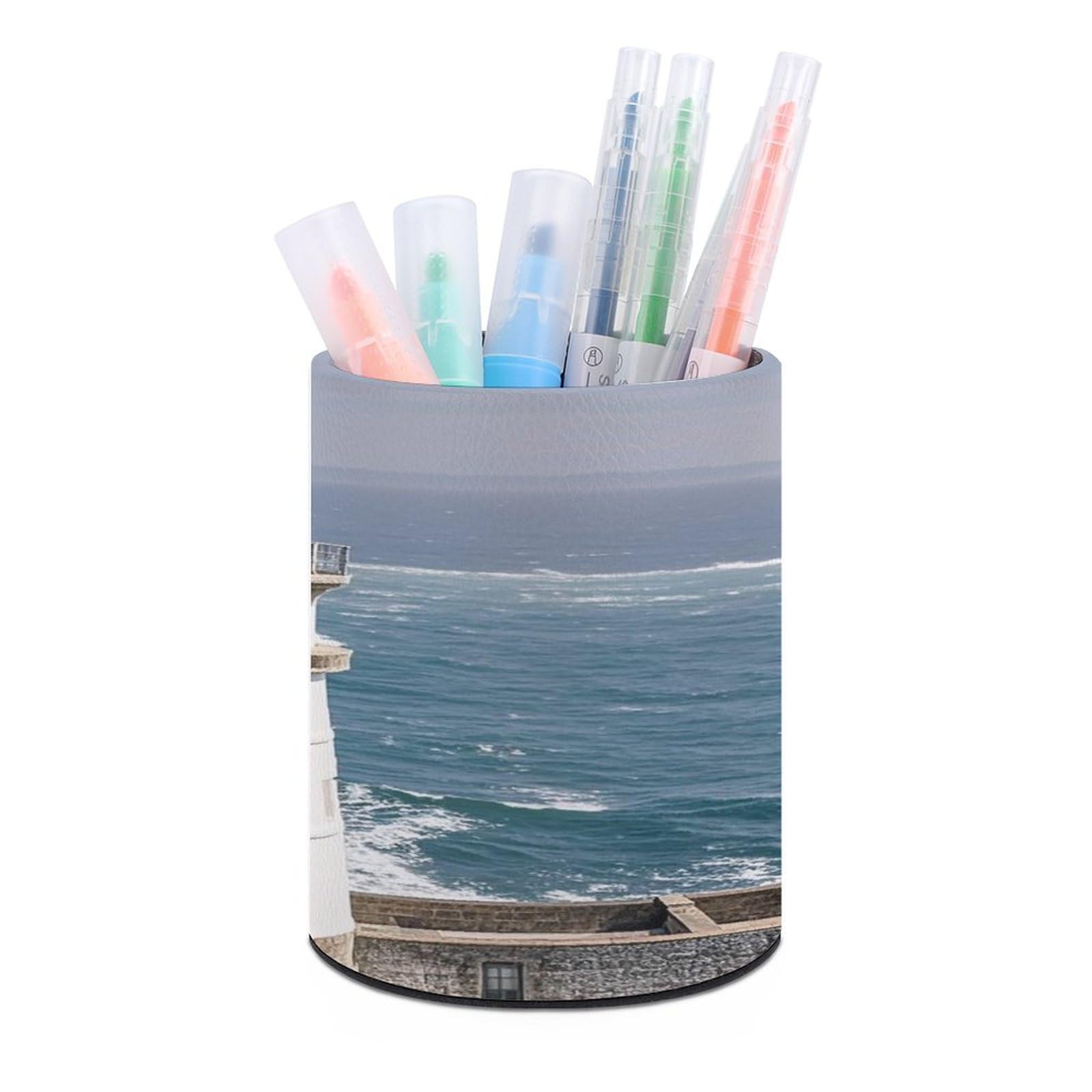 Lighthouse Sandbeach Pen Holder Multi-Functional Round Pencil Holder Cute Office Decoration Pen Cups Simple Design PU Leather Paintbrush Cups for Home Office Desk