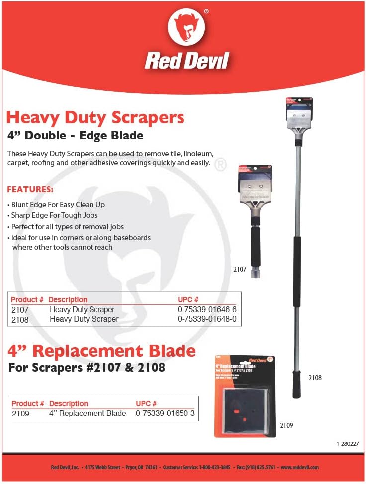 Red Devil 2108 Long Handle Heavy Duty Floor Scraper with 4-Inch Double Edge Steel Blade, Cushioned Grip Handle for Tile, Linoleum, and Carpet Removal, Pack of 4