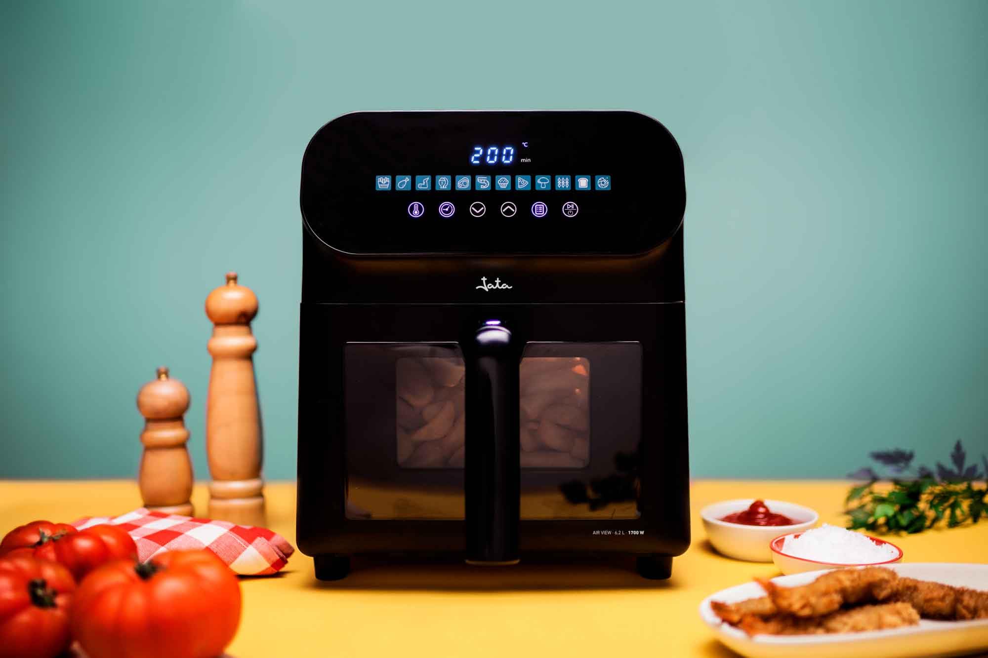 JATA JEFR1230 - Freidora Aire, Freidora Sin Aceite 6.2 L. 1700 W. Hasta 200ºC. Panel Táctil LED. 12 Programas de Cocinado. Con Ventana Visor. Medidas: 26,5 x 32,5 x 32,5 cm.