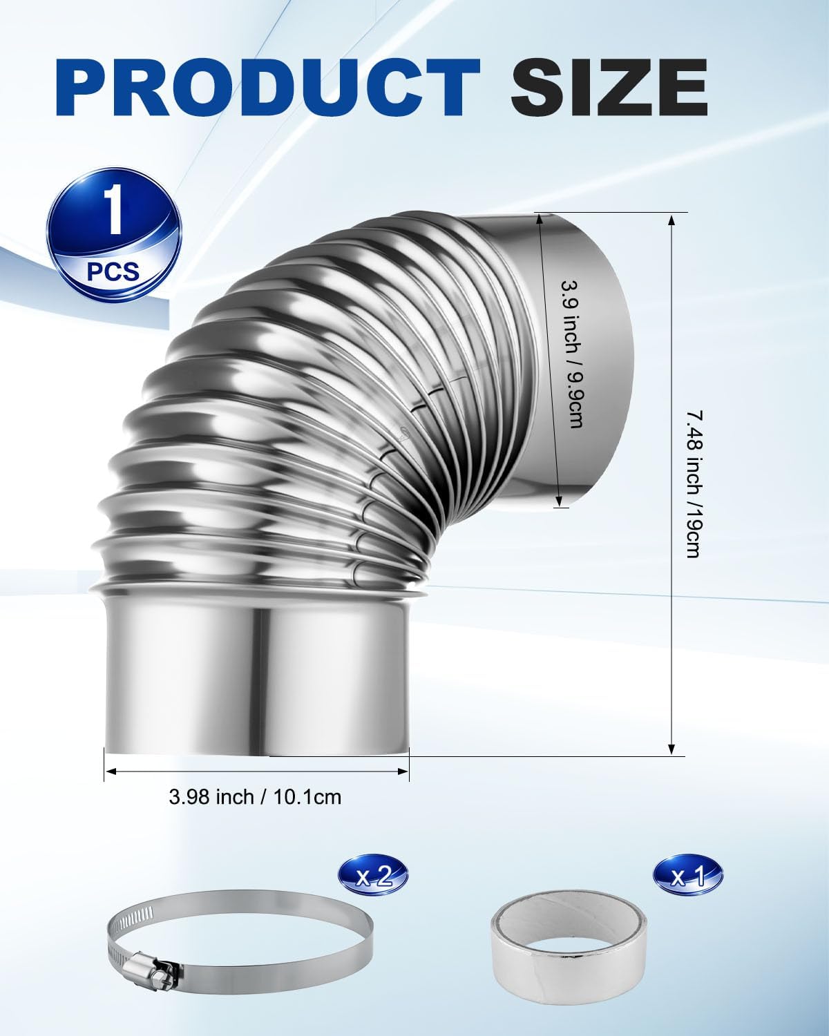 Rocaris 4 Inch 90 Degree Dryer Elbow Vent Tube with 4 Clamps and Aluminum Foil Tape, Stainless Steel Dryer Vent Elbow Connector for 4" HVAC Duct Pipe Ductwork (1PC)