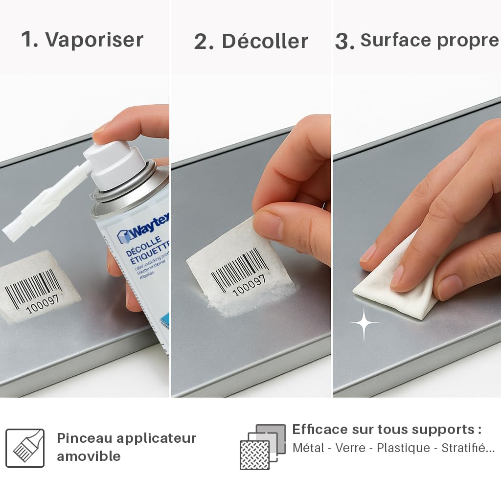 Pack 4 Décolle Étiquettes Waytex 200ml – Pour étiquettes, colle, résine - Pinceau diffuseur, enlève résidus de colle – Efficace sur métal, plastique, verre, alu, stratifié