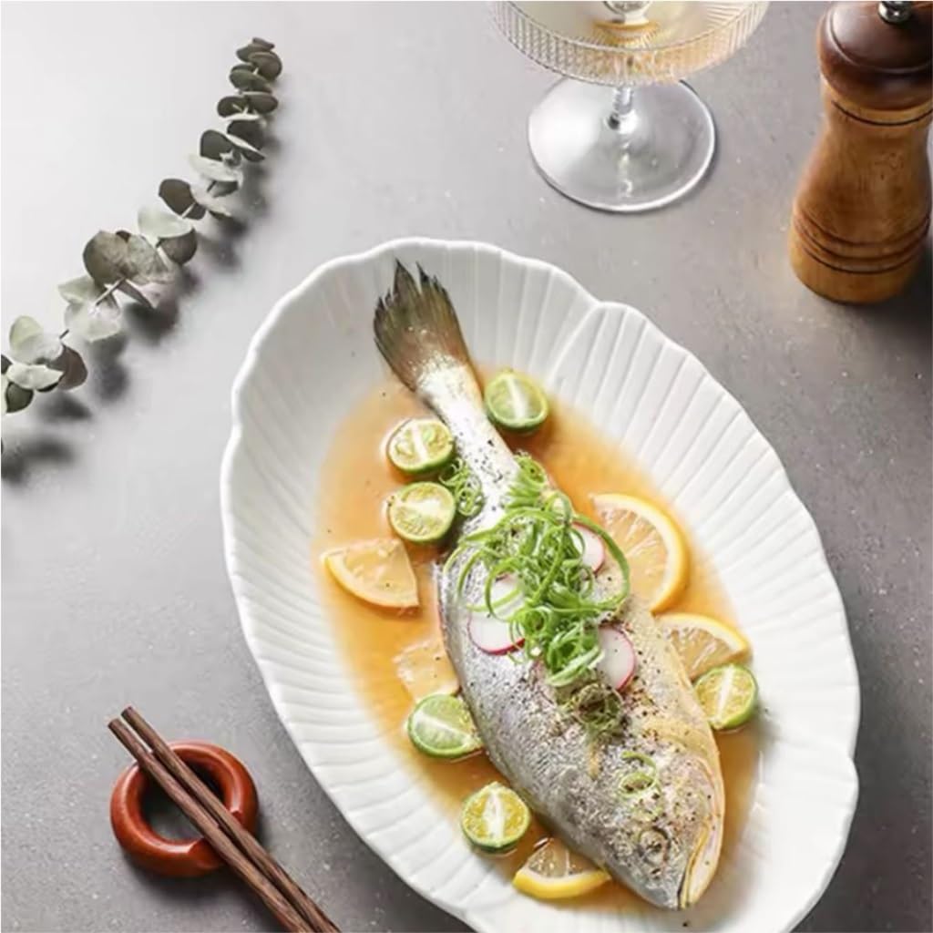 ENGENDER Fruttiera Piatto da Pesce in Ceramica Bianca Pura, Verdure, Zuppa, Ovale, al Vapore for Uso Domestico, alla Griglia, Stoviglie for, Forniture Alberghiere Cestino per Frutta(B-11.81in)