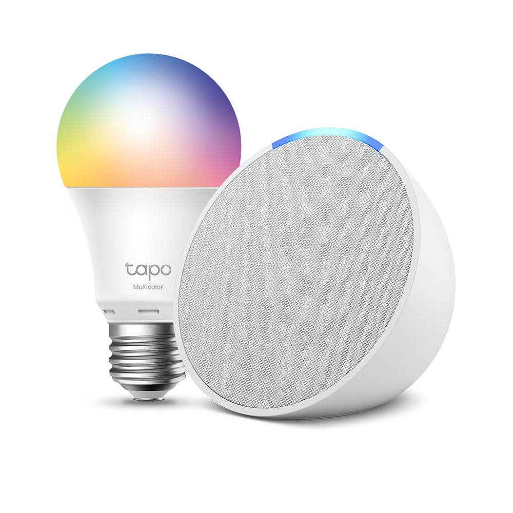 Echo Pop | Blanco + Tapo L530EA Bombilla LED Inteligente (E27), Compatible con Alexa - Kit de inicio de Hogar digital