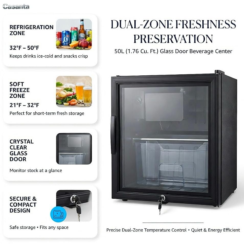 Casanta 50l Beverage Refrigerator With Glass Door And Lock, Freestanding Mini Drink Cooler With Soft Freezer Compartment For Beer, Wine, Soda, Office, Bar & Dorm - Black on Fridge.com - View 3