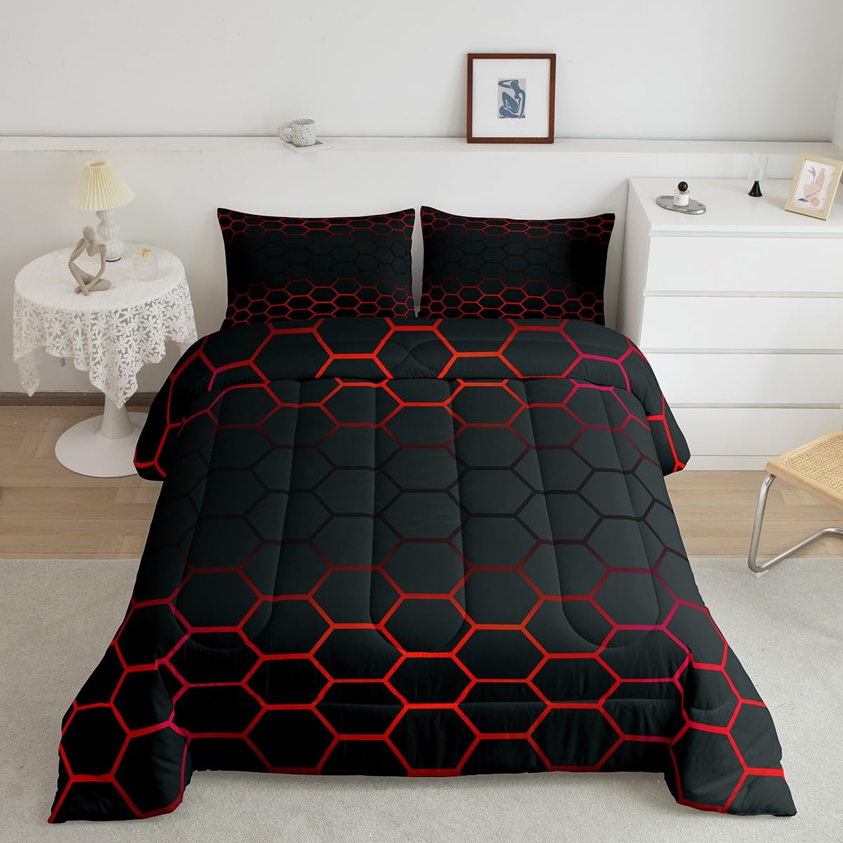 Red and Black Honeycomb Comforter Full Size for Boys Girls, Geometry Honeycomb Comforter Set Ombre Honeycomb Bedding Set Beehive Hexagon Duvet Set 3Pcs