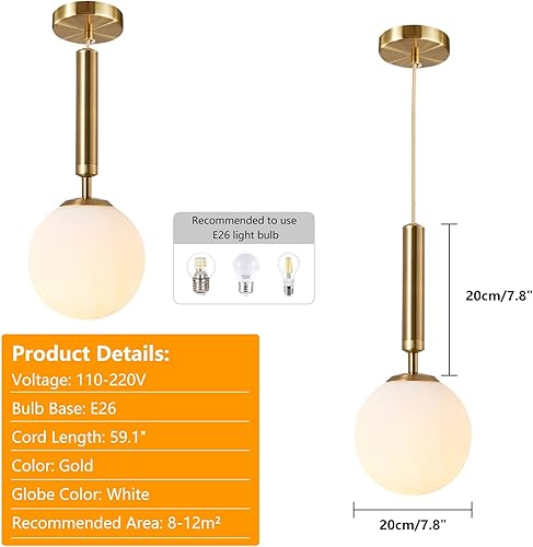Miniatura 2 de KCO Iluminación moderna globo luces colgantes iluminación isla de cocina luz colgante blanco y dorado iluminación colgante individual vidrio