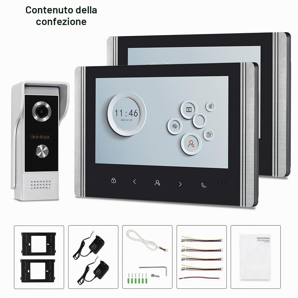 Sistema di Videocitofono Wi-Fi 1080P HD Telecamera con 2 Monitor, Videocamera con Schermo IPS da 7 Pollici per la Casa, Visione Notturna a IR, Registrazione, Sblocco APP Tuya