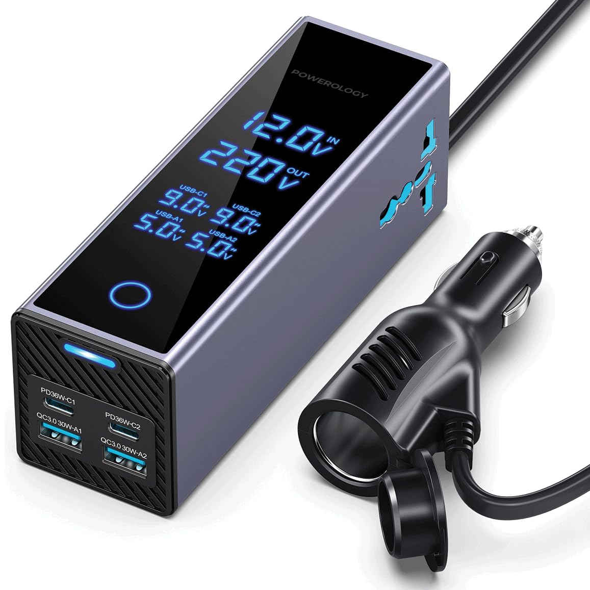 Powerology 300W Car Power Inverter, x2 AC Sockets, 2x 36W PD USB Fast Charging Port, Compact Plug Adapter for Vehicles, Voltage Display, Car Charger for Phone or Laptop, Built-In Safeguards Voltage Monitor Display