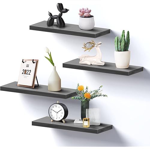 Herncptar Wall Shelves, Rustic Wood Floating Shelves Set of 4, Hanging Storage Shelf with Invisiable Metal Brackets for Bathroom, Living Room, Kitchen, Bedroom(Grey)