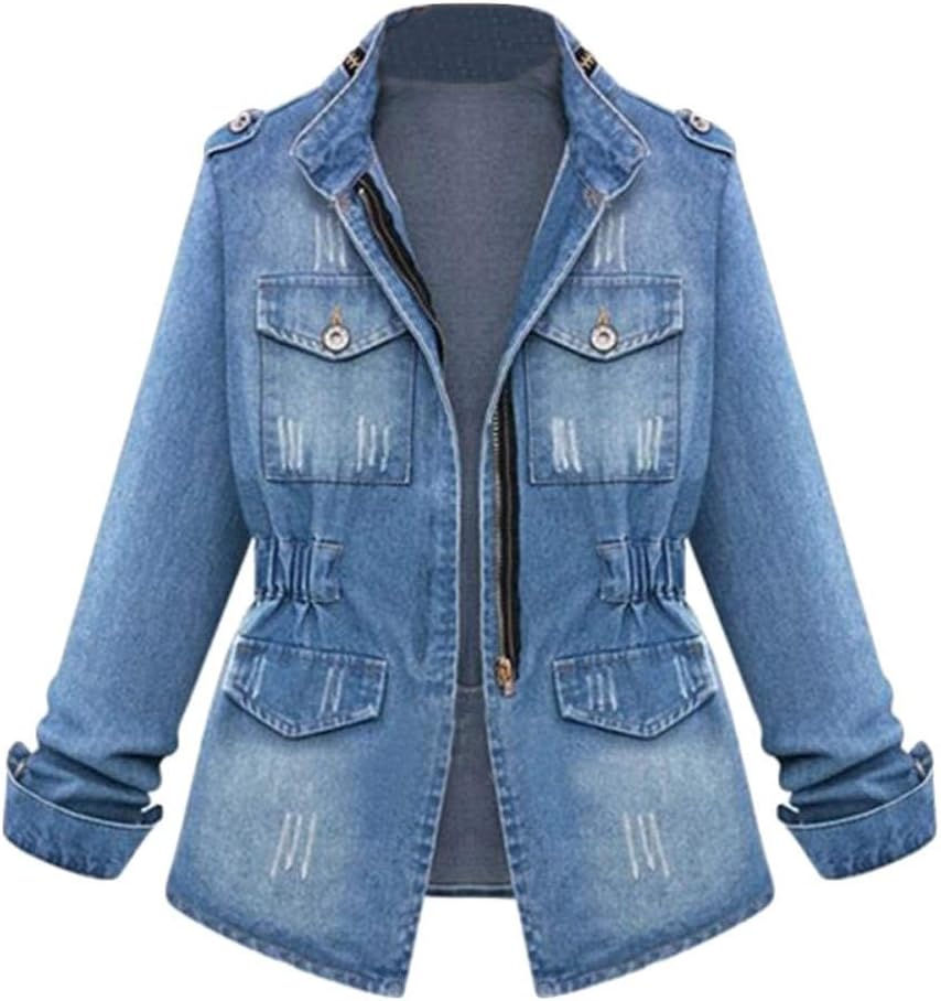Plus Size Ladies Denim Oversize Jeans Chain Jacket Womens Pocket Coat Winter Warm Parka Classic Jacket Casual Thick Long Sleeve Cardigan Outwear