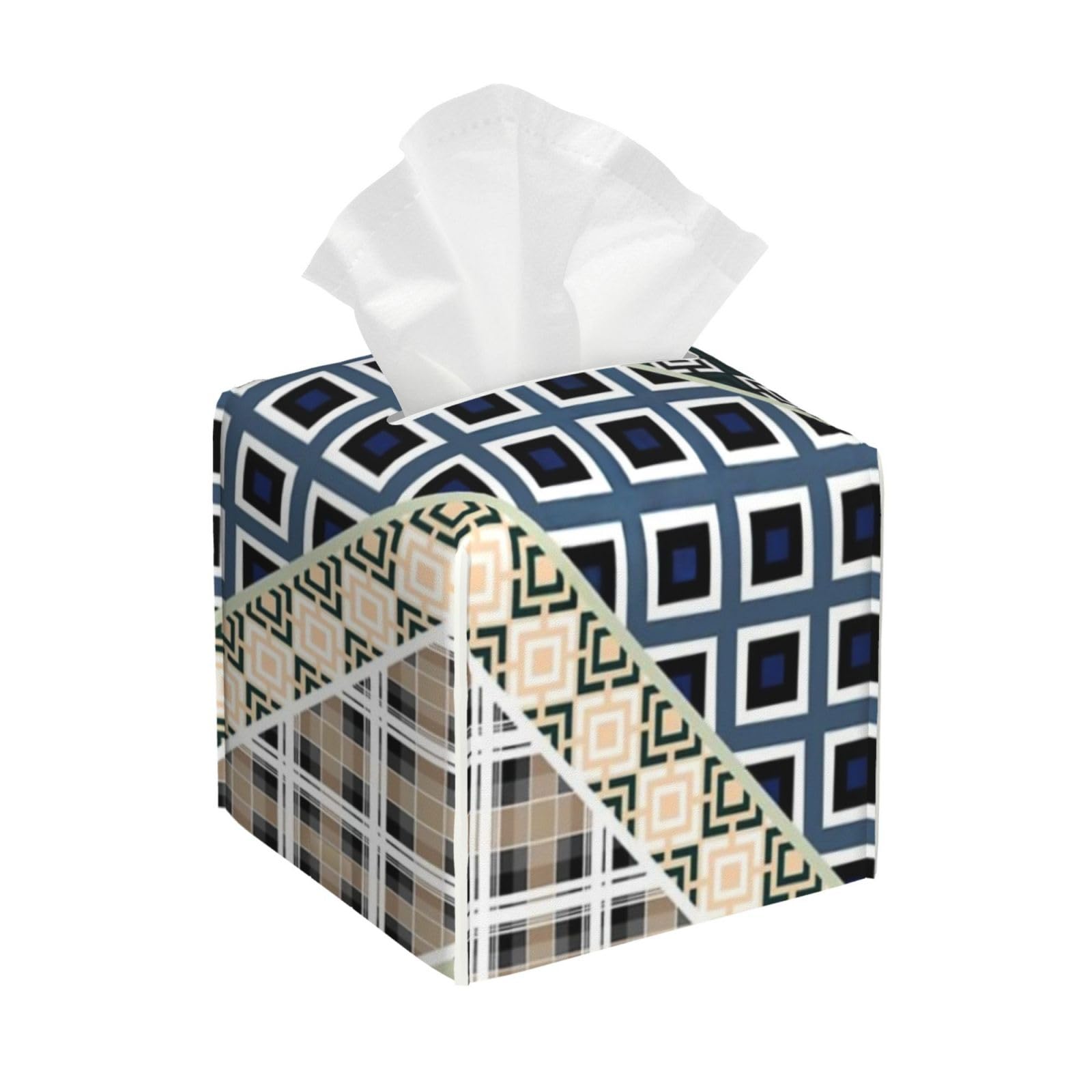 Geometric Shapes Stripe Patchwork Tissue Box Cover 5" Square Leather Tissue Holder Facial Tissue Case for Tabletop Bedroom Bathroom Desk Decor