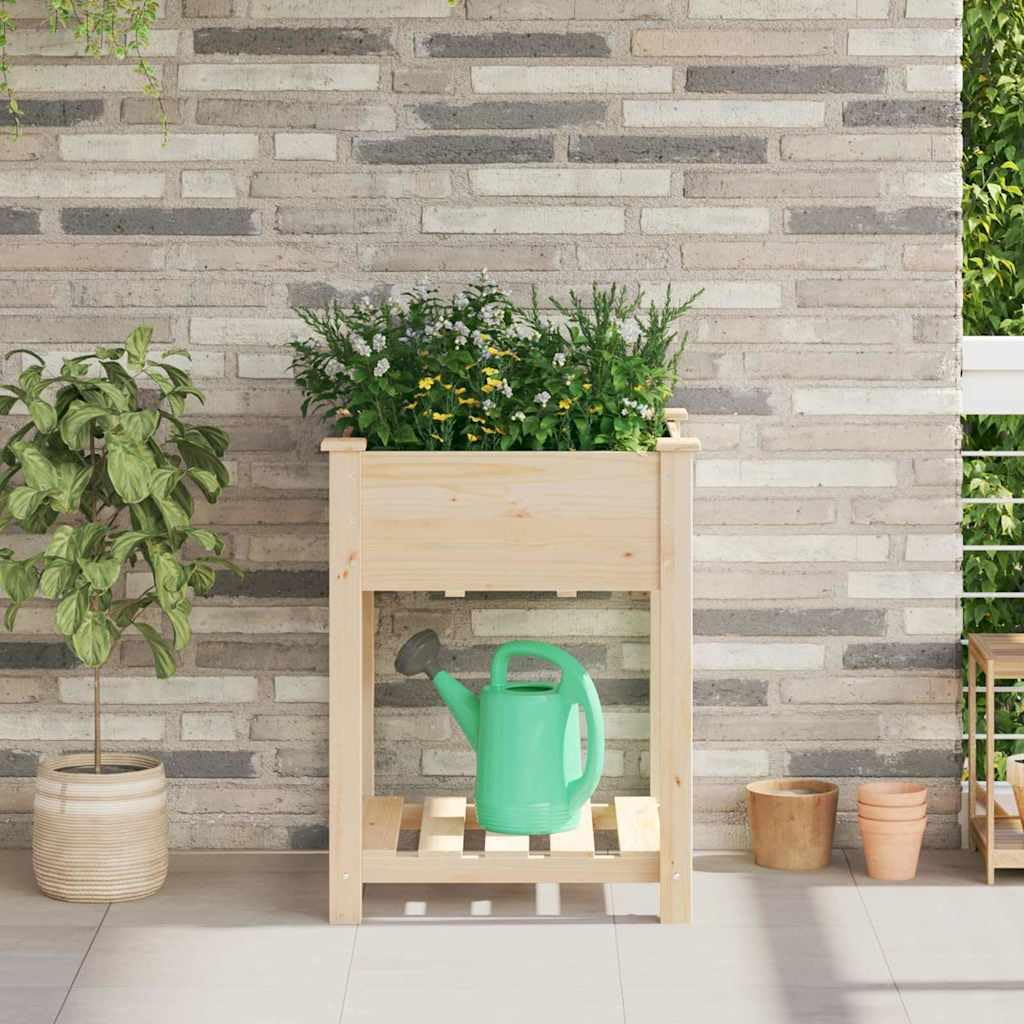 Garten-Pflanzgefäß mit Regal Beige 60,5 x 60 x 76,5 cm, Pflanzkübel mit Ablage aus Fichtenholz, Beiger Blumenkasten für Außenbereich, minimalistischer Pflanzer mit integriertem