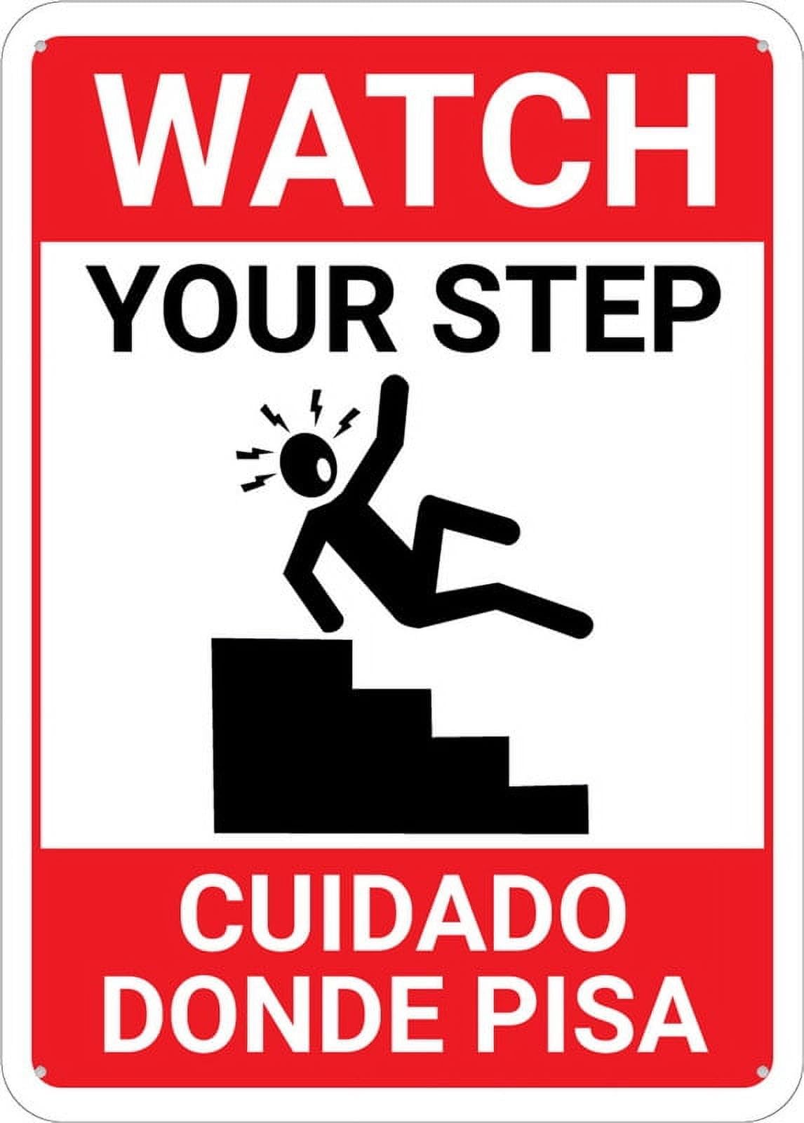 peiyeety Bilingual Watch Your Step Wall Sign - 12x8 inch Aluminum, Pre-Drilled Holes, Indoor/Outdoor For Fence/Door/Gate