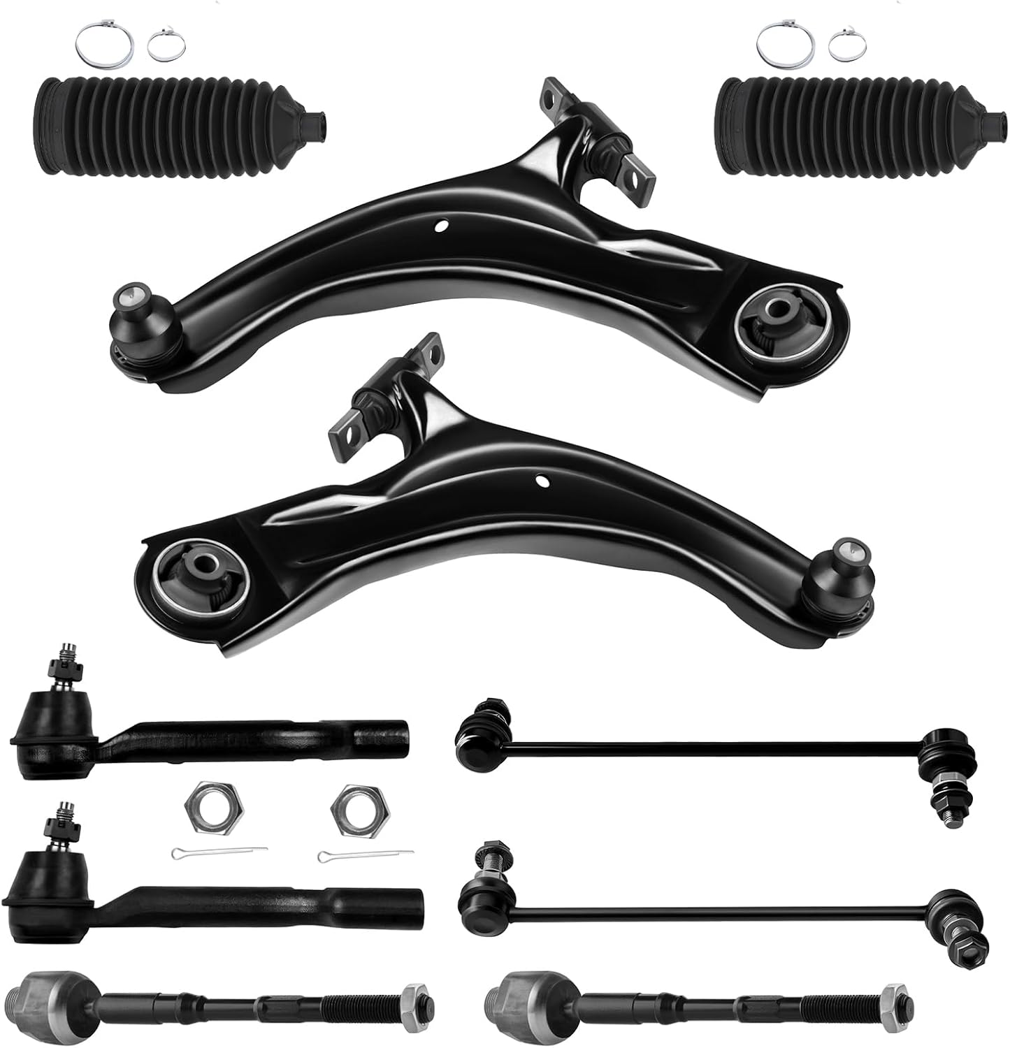 Front Lower Control Arm w/Ball Joint fit 2008-2013 for Nissan Rogue 2014-2015 for Nissan Rogue Select, Suspension Kit with Inner Outer Tie Rod End w/Steering Boot Sway Bar Link - 10pc Set