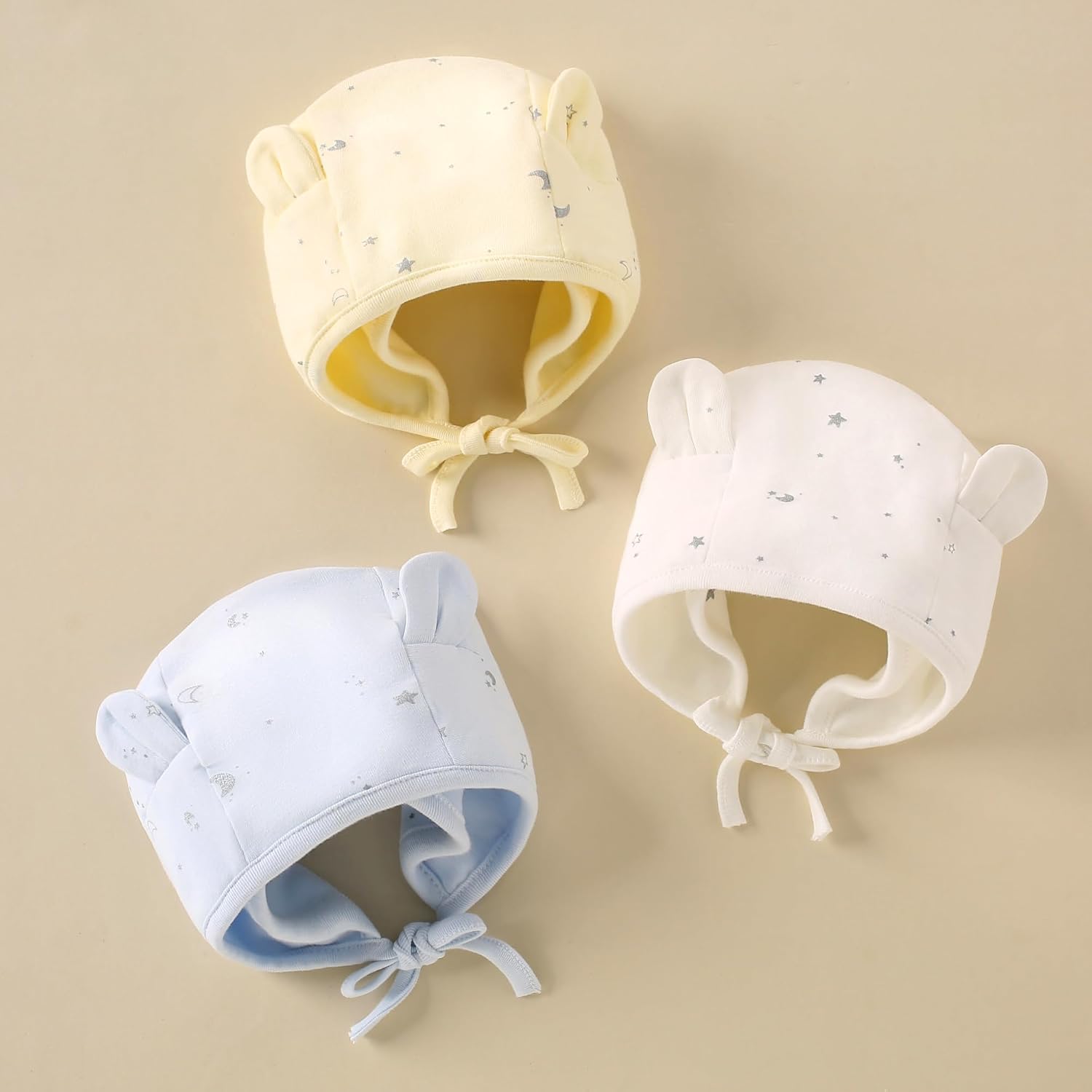 3 Pack Baby Beanie hat with Ear Flaps for Unisex Newborn Infant Toddler Baby Girls Boys 0-24 Months Cotton Soft