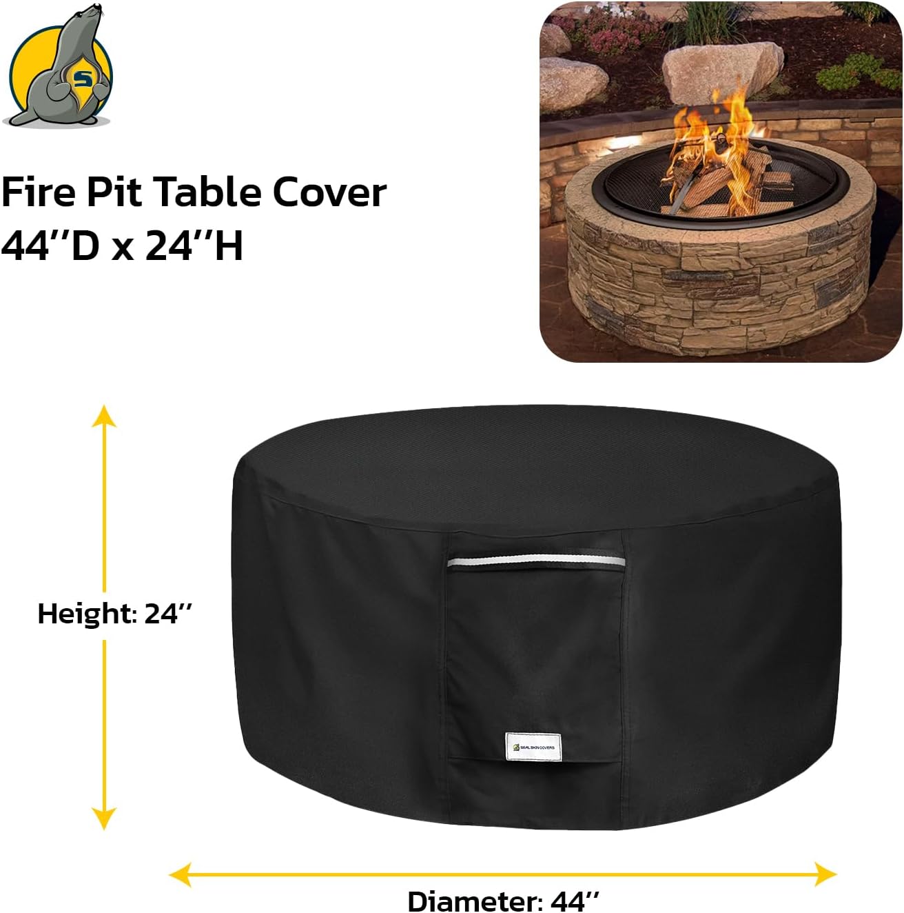 Seal Skin Covers Outdoor Fire Pit Cover – Round 44” Dia X 24”H, Heavy Duty Waterproof Fabric with PVC Coating, Windproof, Tear & Weather Resistant Fire Table Cover for Patio, Black