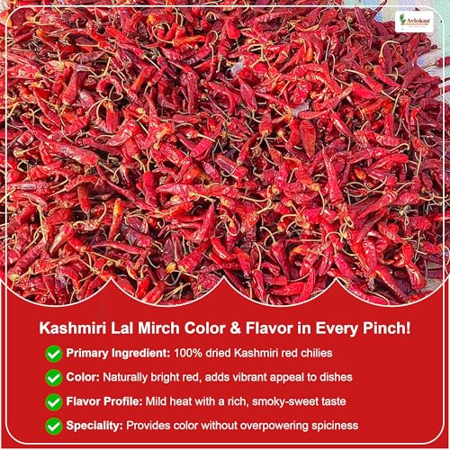 Image of Avlokan Kashmiri Red Chilli Whole with Stem - 100% Natural, Hot & Spicy Dried Red Chilli | Kashmiri Sabut Lal Mirchh Kashmiri Withstem Red Chilli, 100 grams