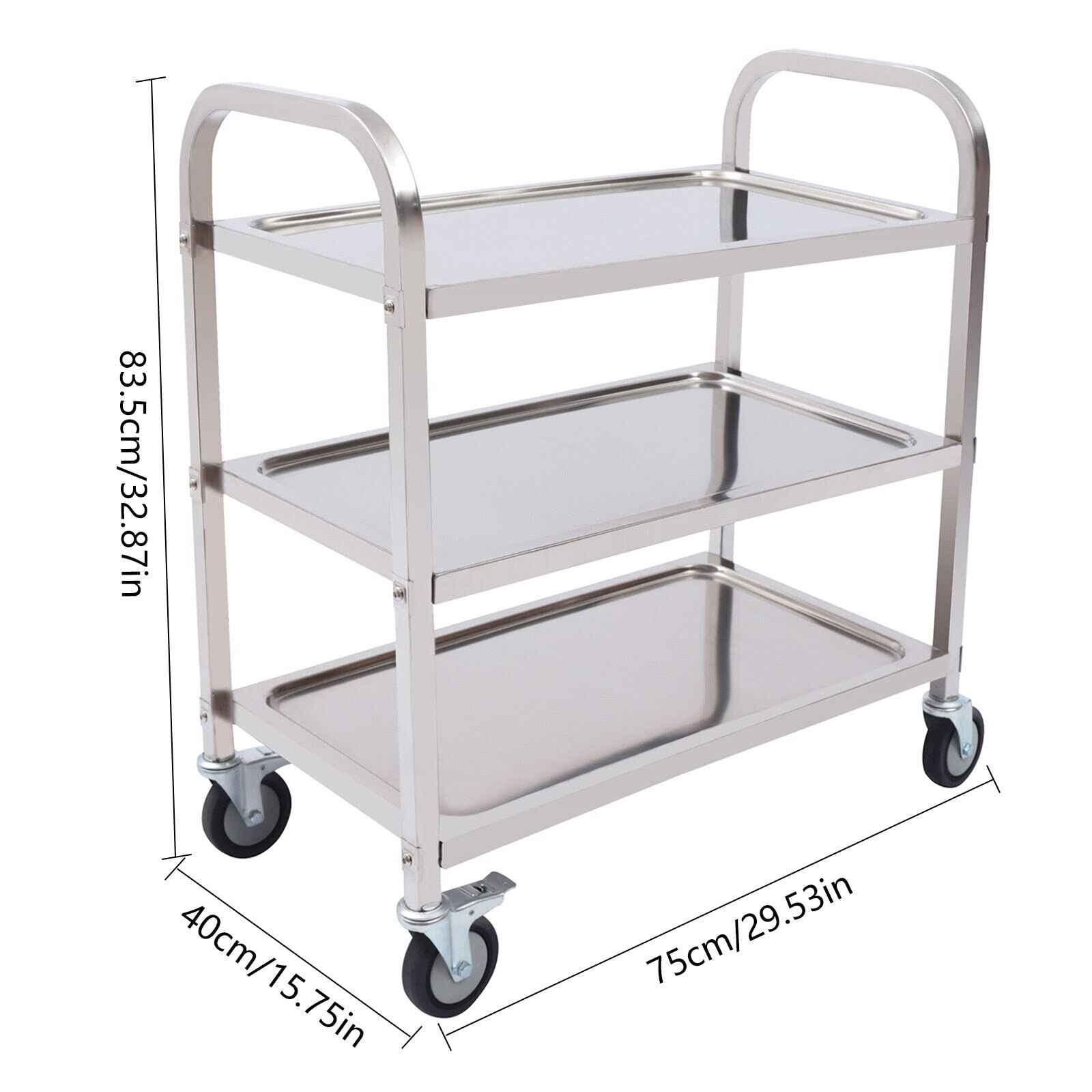 Carrello da portata a 3 bordi, in acciaio inox, con 4 ruote, per ristorante, hotel, scuola, cucina, 75 x 40 x 83,5 cm