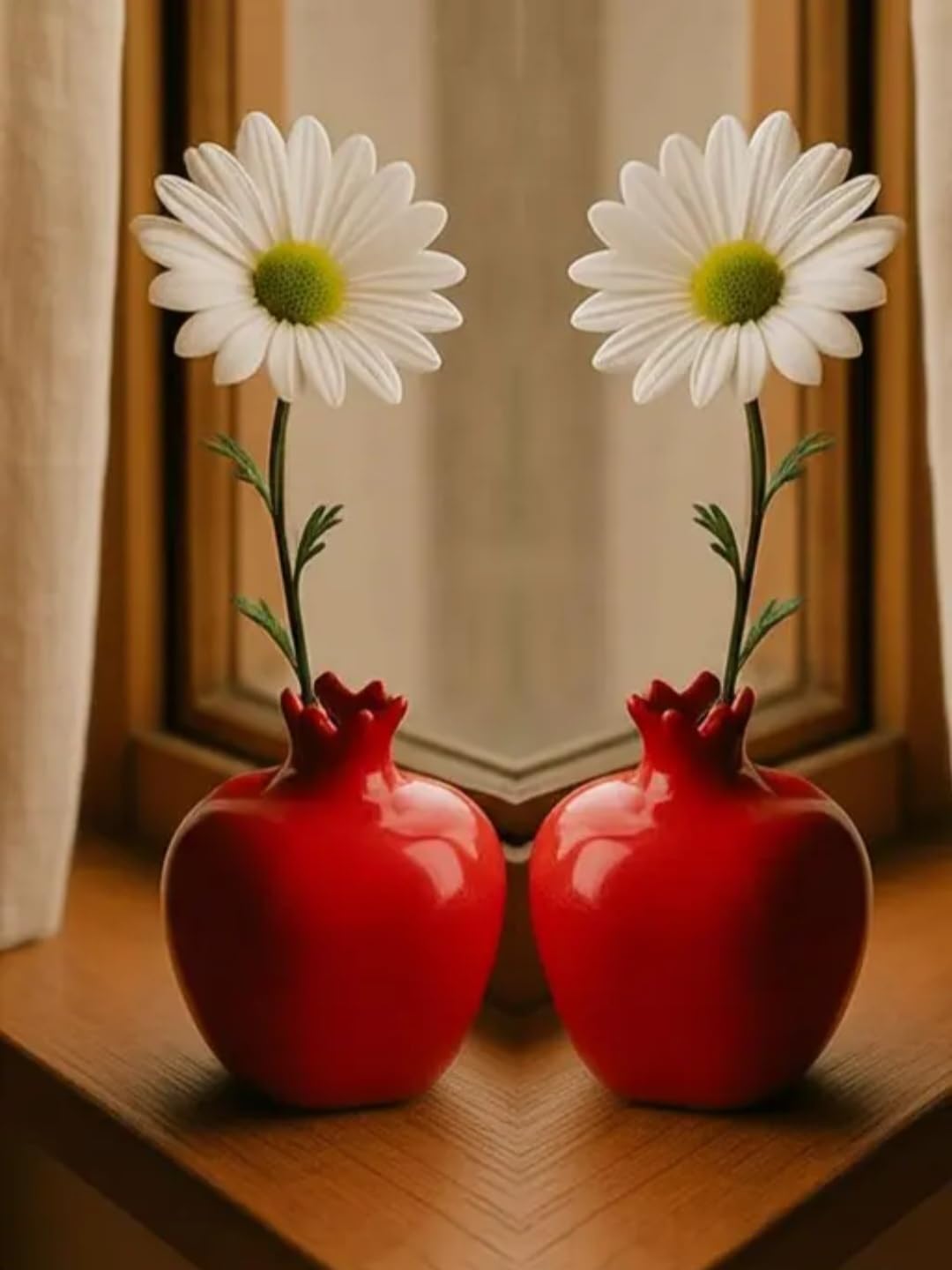 Decorative Red Ceramic Pomegranate Vase with White Daisy Flowers, Modern Home Decor, Bud Vase for Single Stem Display-image-29