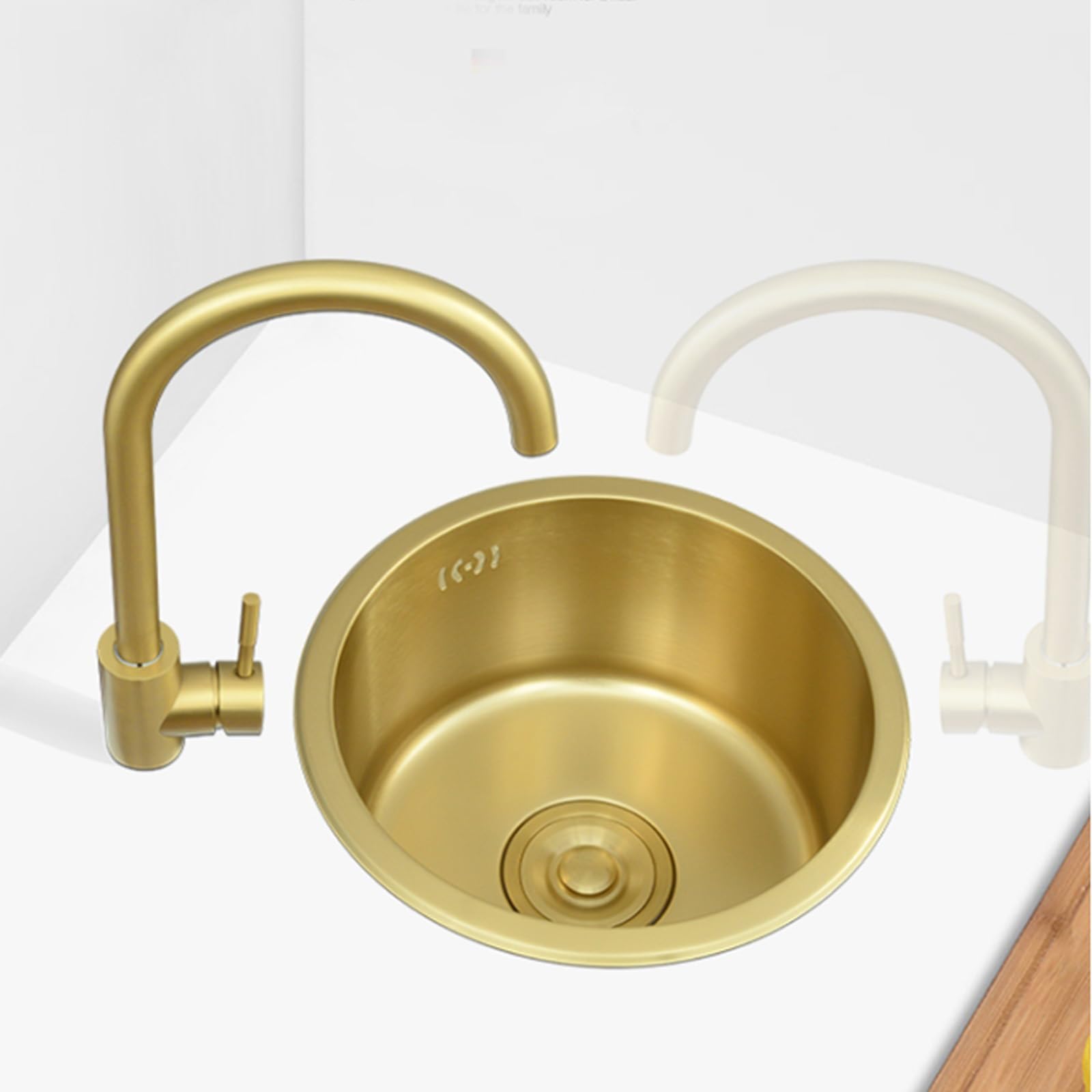 Lavello Tondo Da Cucina Lavello Oro Lavello Piccolo Acciaio Inox 304 Lavello Sottopiano Rubinetto Oro Accessori Completi (40CM)