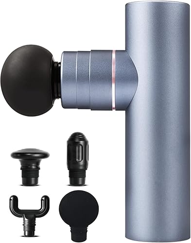 Miniatura 8 de Mini pistola de masaje, percusión muscular de tejidos profundos con 4 accesorios, pistola masajeadora portátil eléctrica de metal completo para Gris