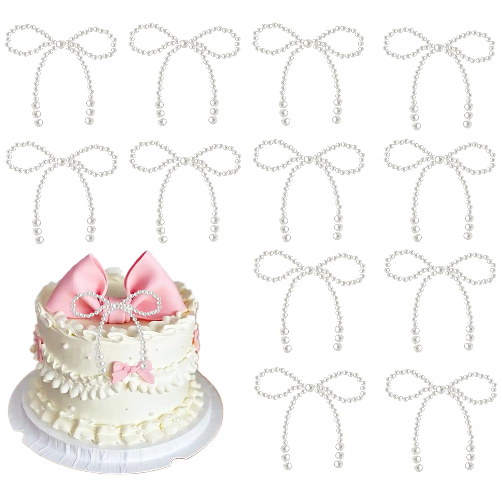 16 Pcs Pearl Bow Cake Toppers, White Pearl Beaded Bowknot Bows Cake Toppers for Birthday Wedding Bridal Baby Shower Flower Wrapping Cake Decorations (4.3 x 3.9inch)