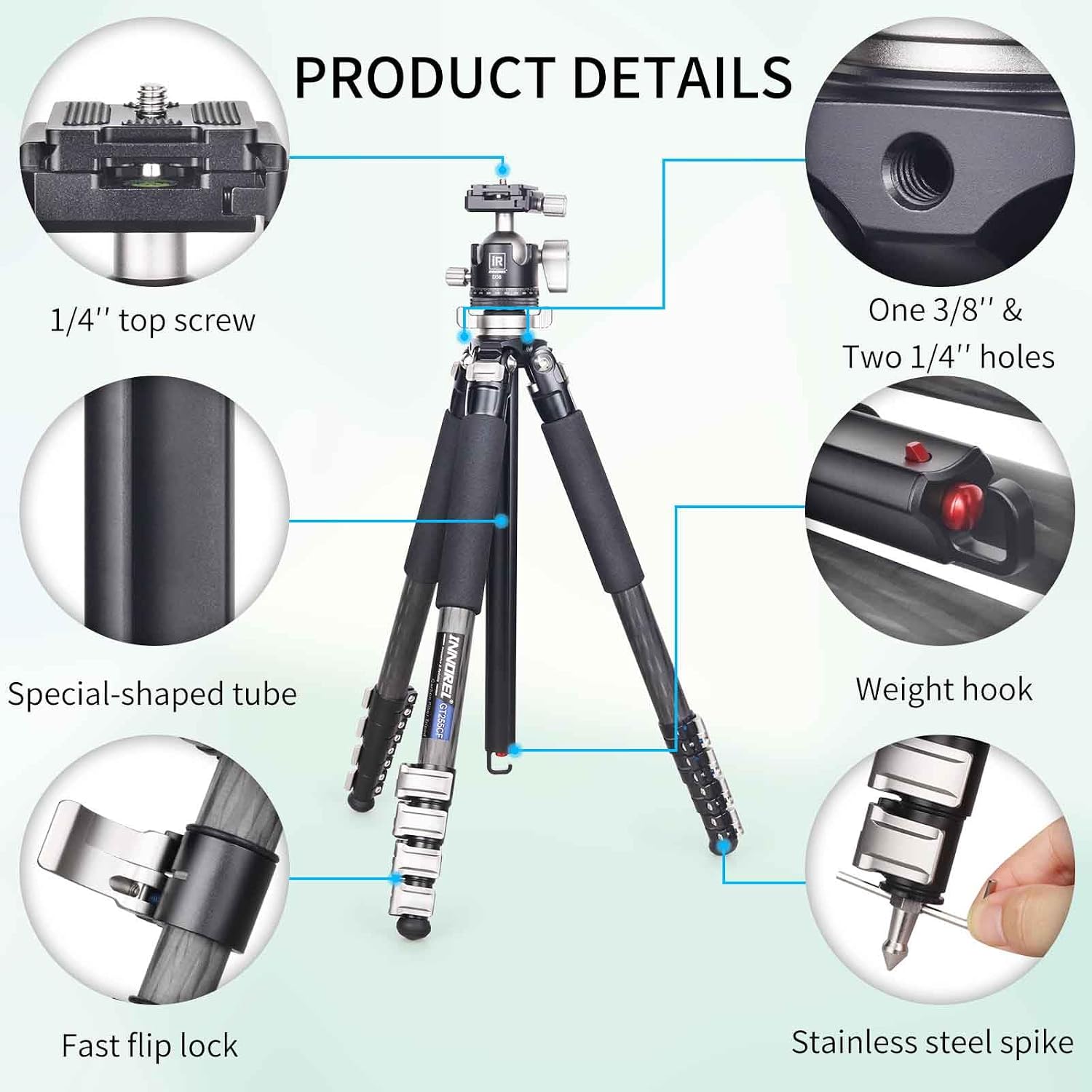INNOREL Carbon Fiber Travel Tripod GT255CF Professional Compact Camera Tripod Stand for DSLR Camera with Low Gravity Center Ballhead,Special-Shaped Center Column 25.6mm Tube Max Load 33lbs/15kg