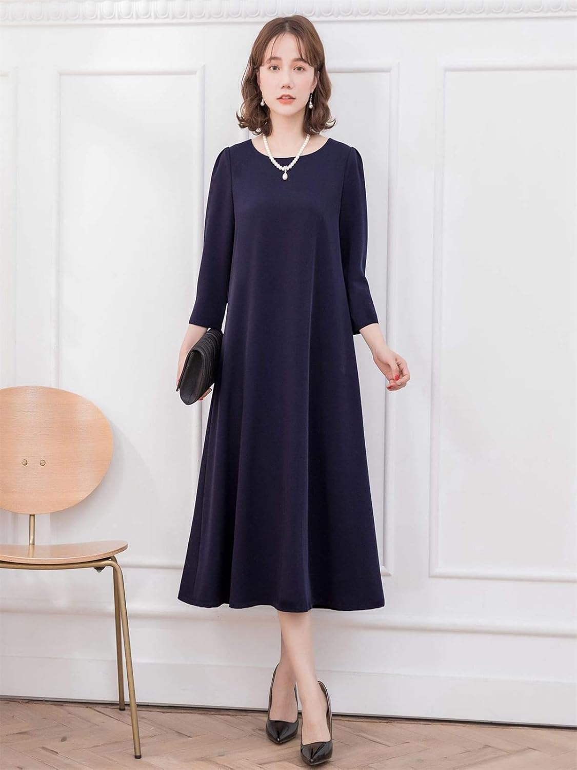 [SRWW] ワンピース ドレス 結婚式 卒業式 卒園式 パーティー パーティードレス Aライン リボン ハイウエスト 2way ロング丈 七分袖 春 秋 冬 フォーマル お呼ばれ 発表会 謝恩会 ママ服 大きいサイズ