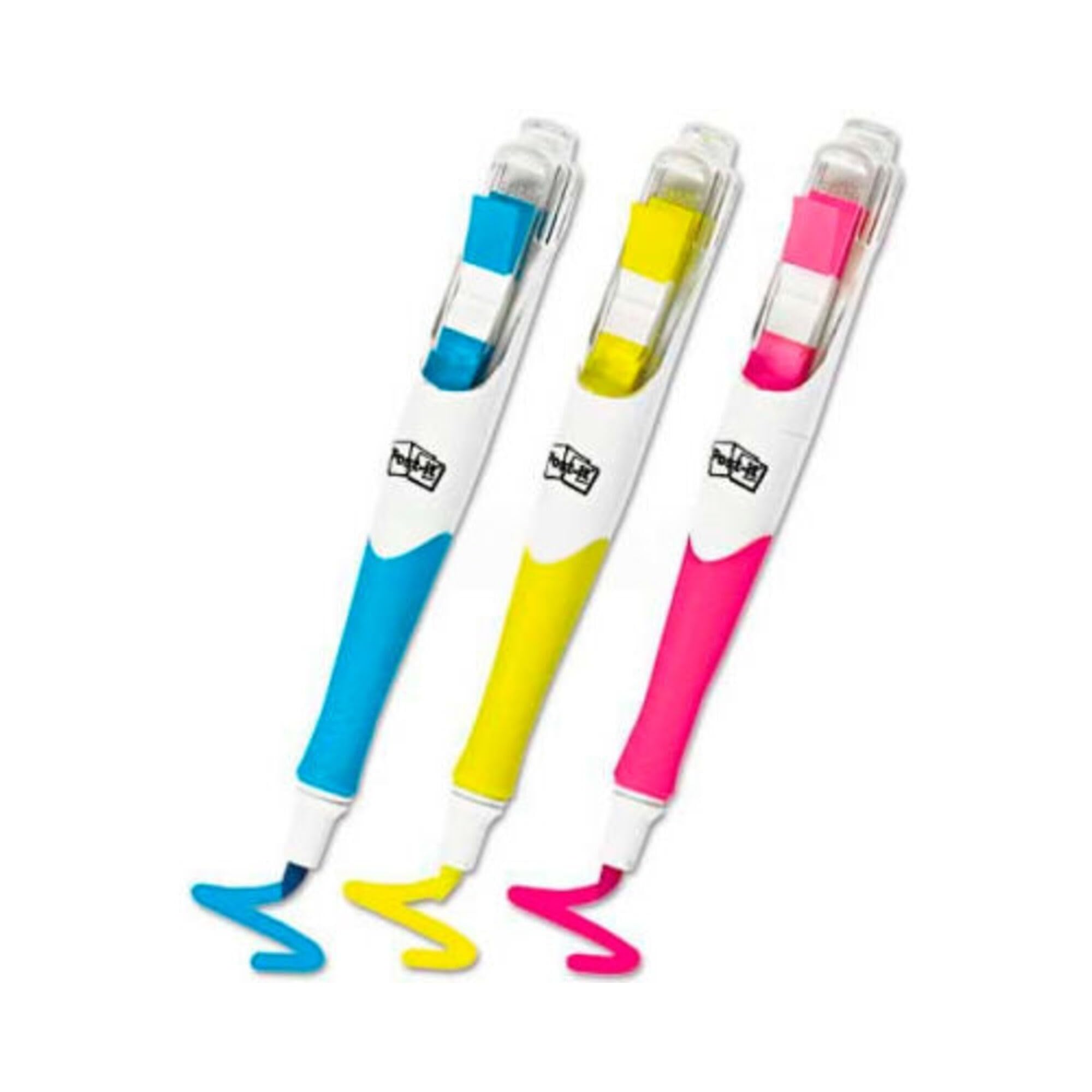 Post-it Textmarker, Gelb, Rosa und Blau, 50 farblich abgestimmte Flaggen/Textmarker, 3er-Pack, Komfortgriff, Schmale Keilspitze, Highlighter-Set