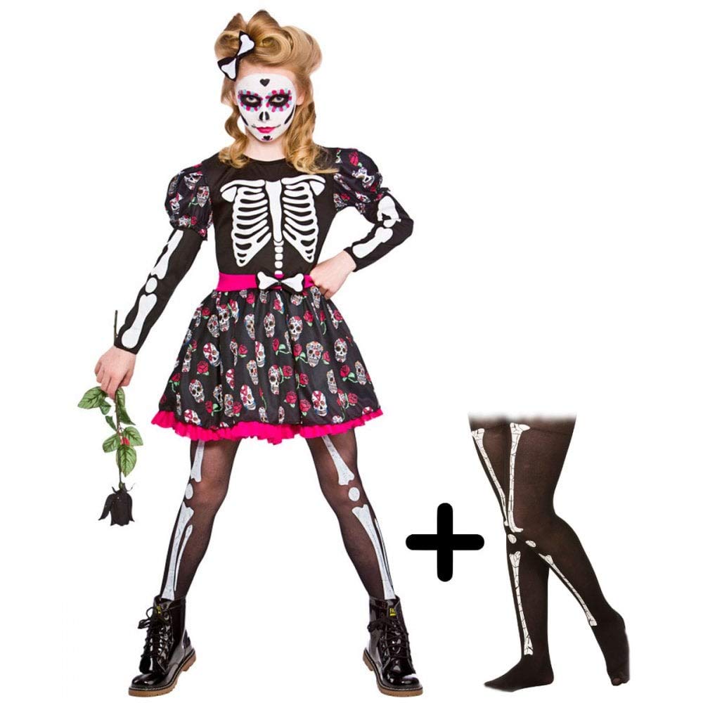 A2ZFD Skull of the Dead Skeleton Girls Halloween Fancy Dress Costume + Skeleton Tights