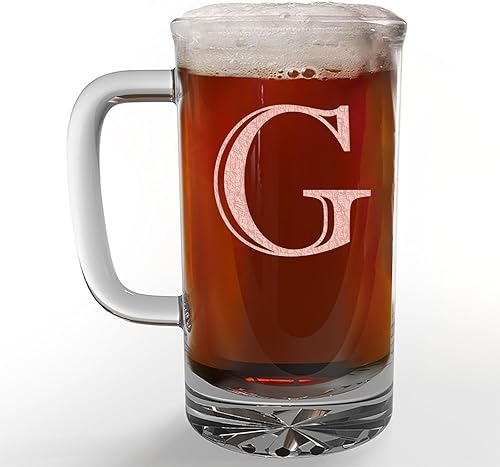 Spotted Dog Company Taza de cerveza de vidrio con monograma grabado de 16 oz (letra G), regalos personalizados de cerveza A-Z para hombres, vaso de