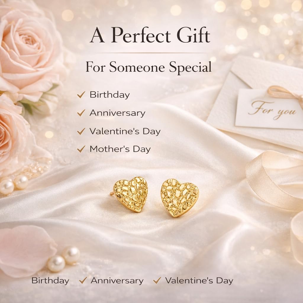 18K Gold Plated Rough Textured Heart Shape Nugget Stud Gold Earrings For Men/Women Unisex Hypoallergenic Jewelry