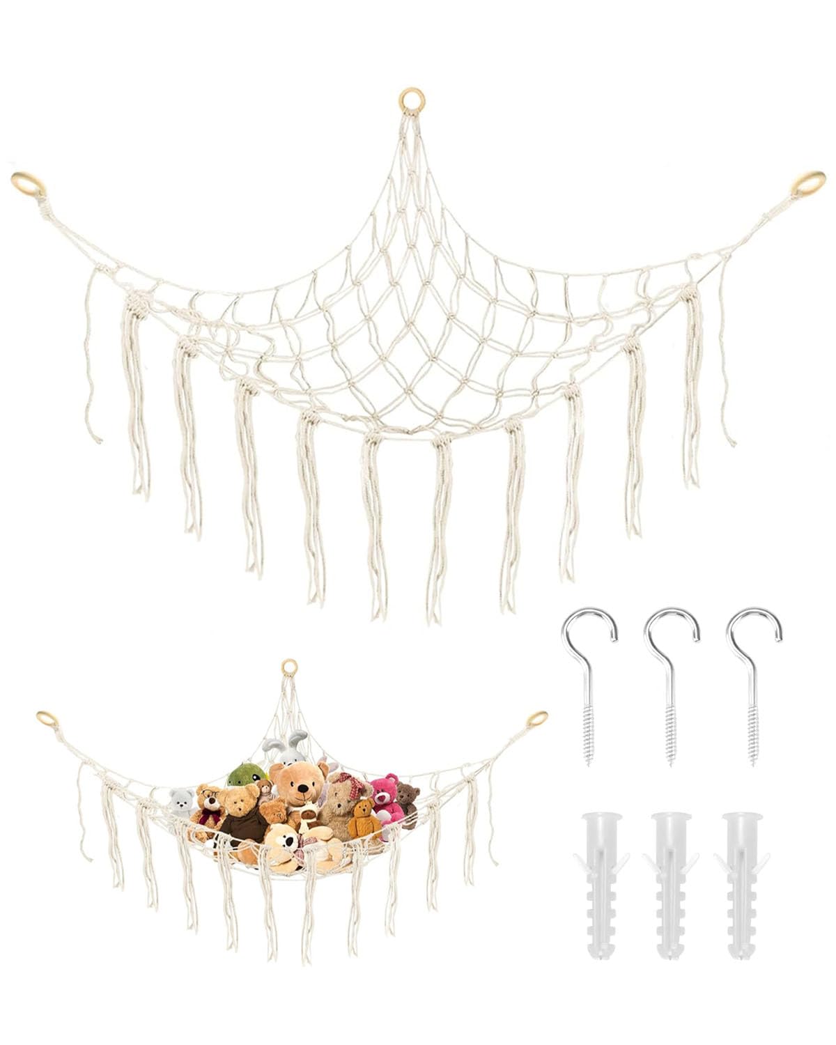 Hamac pour animaux en peluche Rangement de jouets Filet avec 3 crochets Décoration murale chambre d'enfant