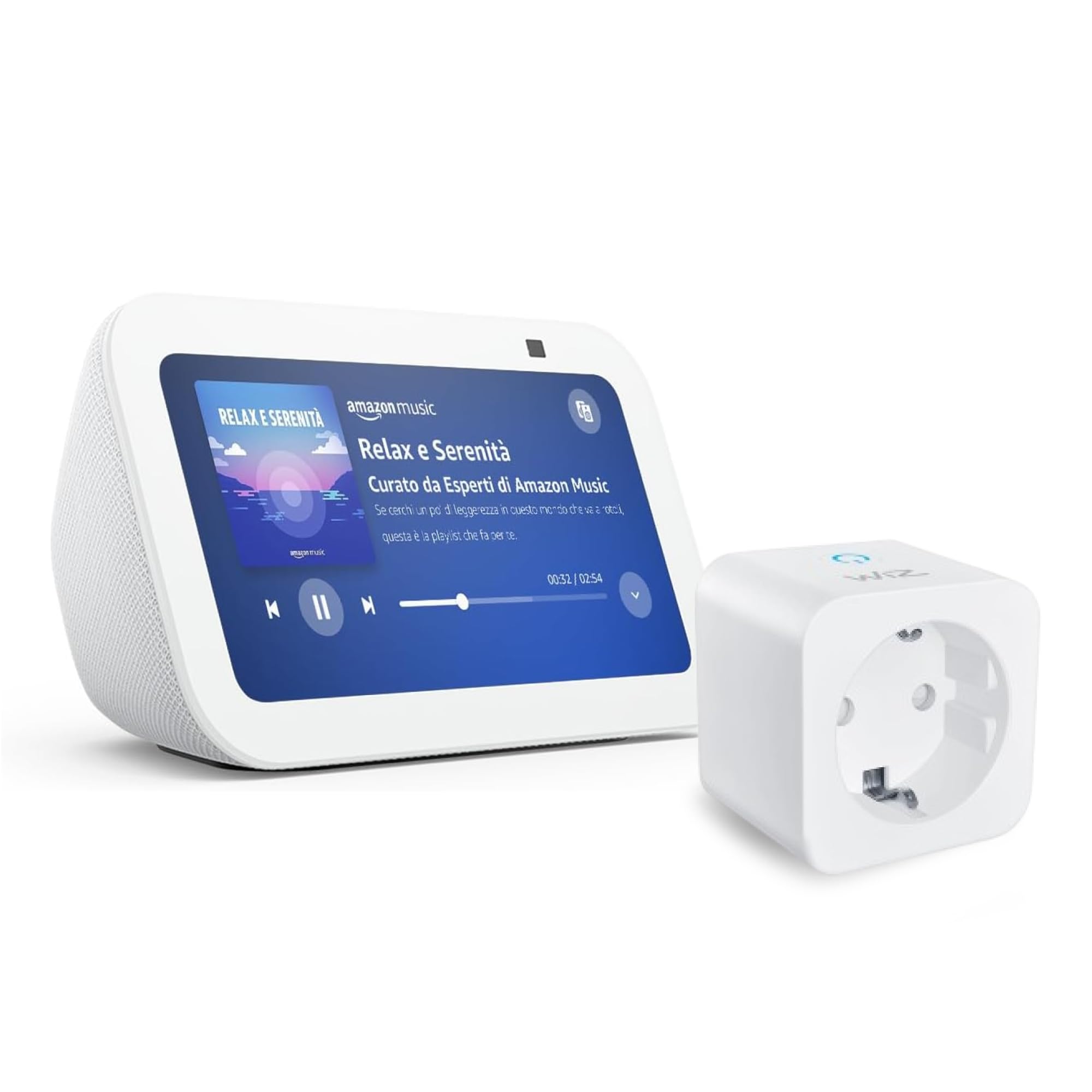 Echo Show 5 (Ultimo modello) | Bianco + WiZ Presa intelligente, compatibile con Alexa - Kit di base per Casa Intelligente