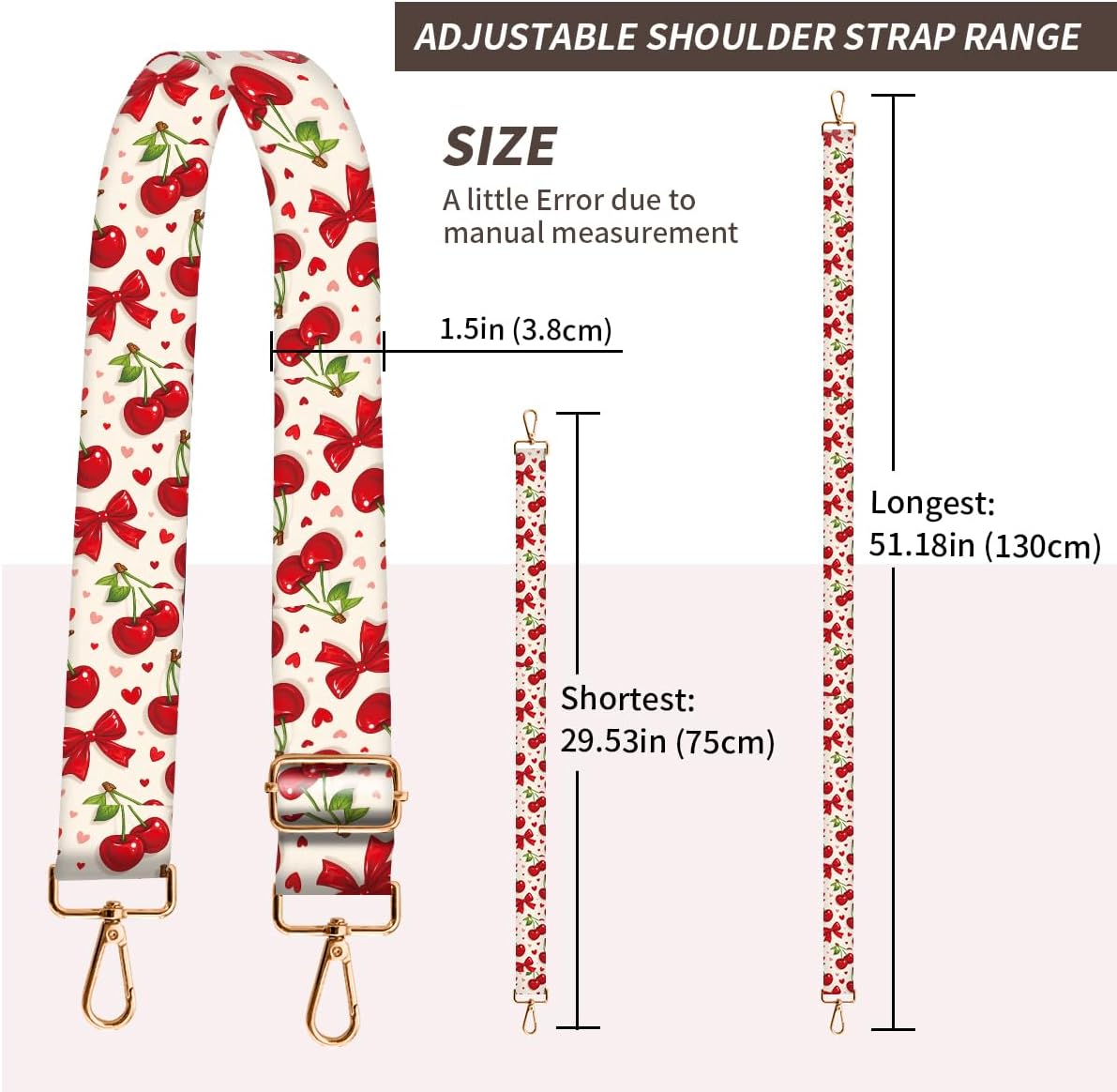 Purse Strap Replacement Crossbody, 3.8cm Wide Shoulder Strap Adjustable Replacement Belt Gold Buckle, Handbag Crossbody Bag Strap Cute Cherry Heart image 4