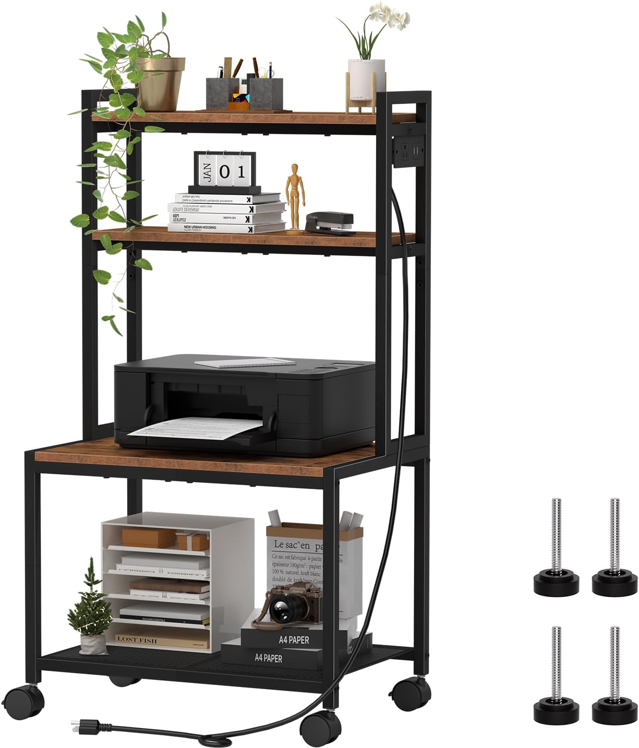 Large Printer Stand with Storage, 4 Tier Table with Wheels for Home Office, Beside Desk for Printer, Scanner, Fax, Rustic Brown