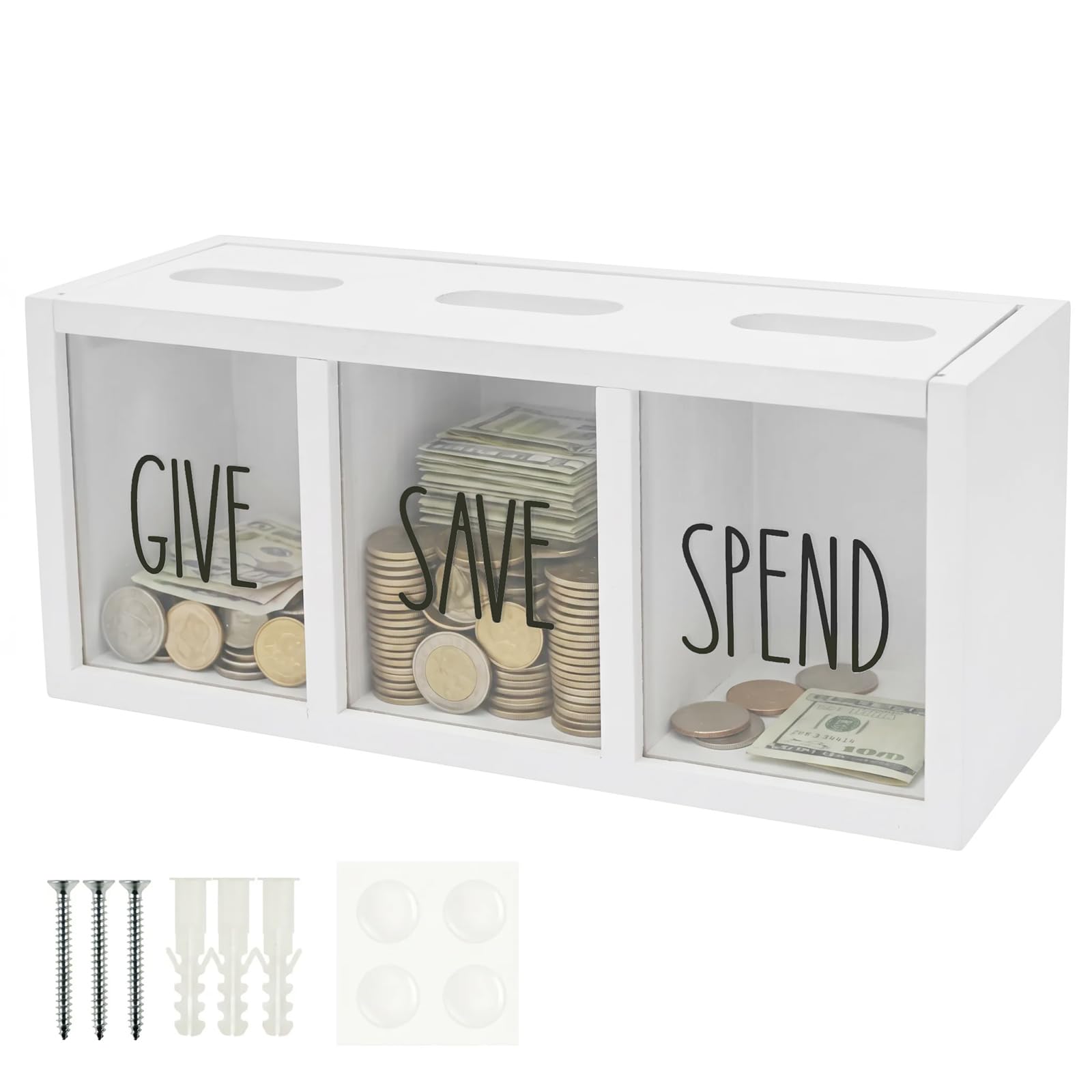 Yjqxmyu White Give Save Spend Money Box, 25Cm Visualized Wood Piggy Bank For Kids Adults, Wall Mounted Money Savings Challenge Cash Container, Teach Children About Giving & Saving Box (White)